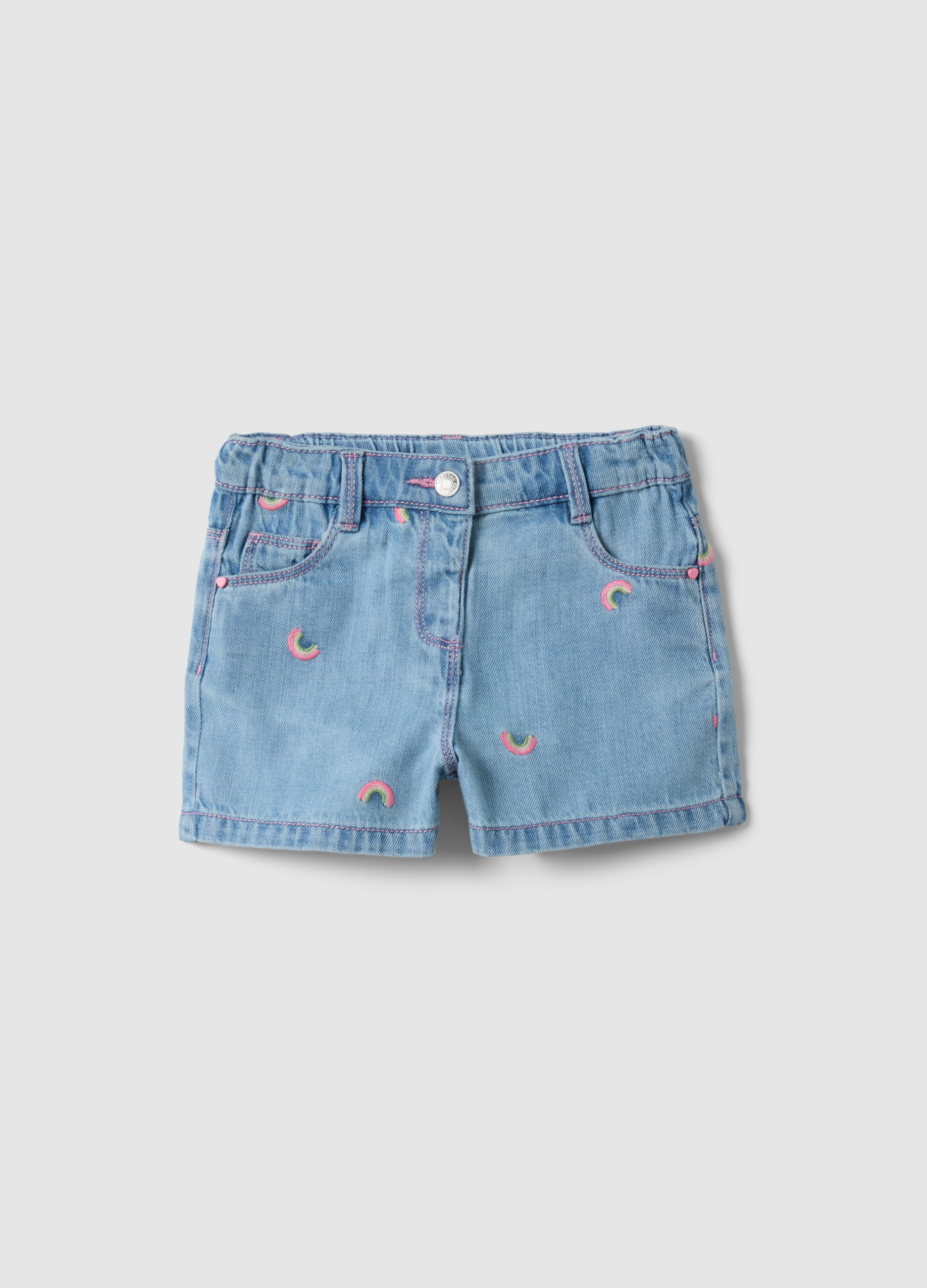FAGOTTINO, Shorts De Mezcla De Algodón Y Denim Azul Para Niñas, Ajuste Regular, Con Bordados, Niña, Azul claro, Talla: 24-30