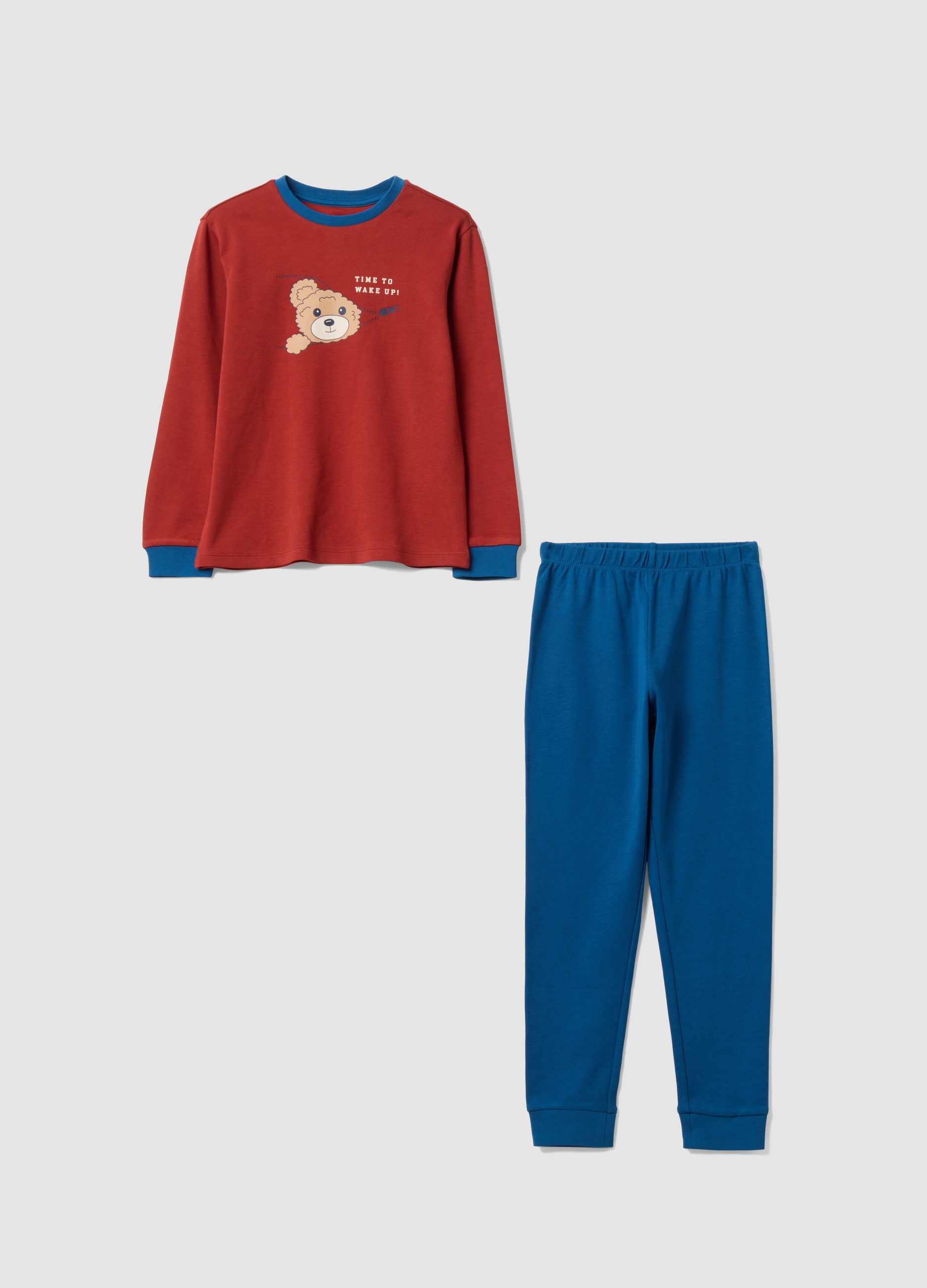 OVS KIDS, Pigiama Rosso In Puro Cotone Organico Con Girocollo E Stampa Teddy, Bambino, Blu, Taglia: 3-4