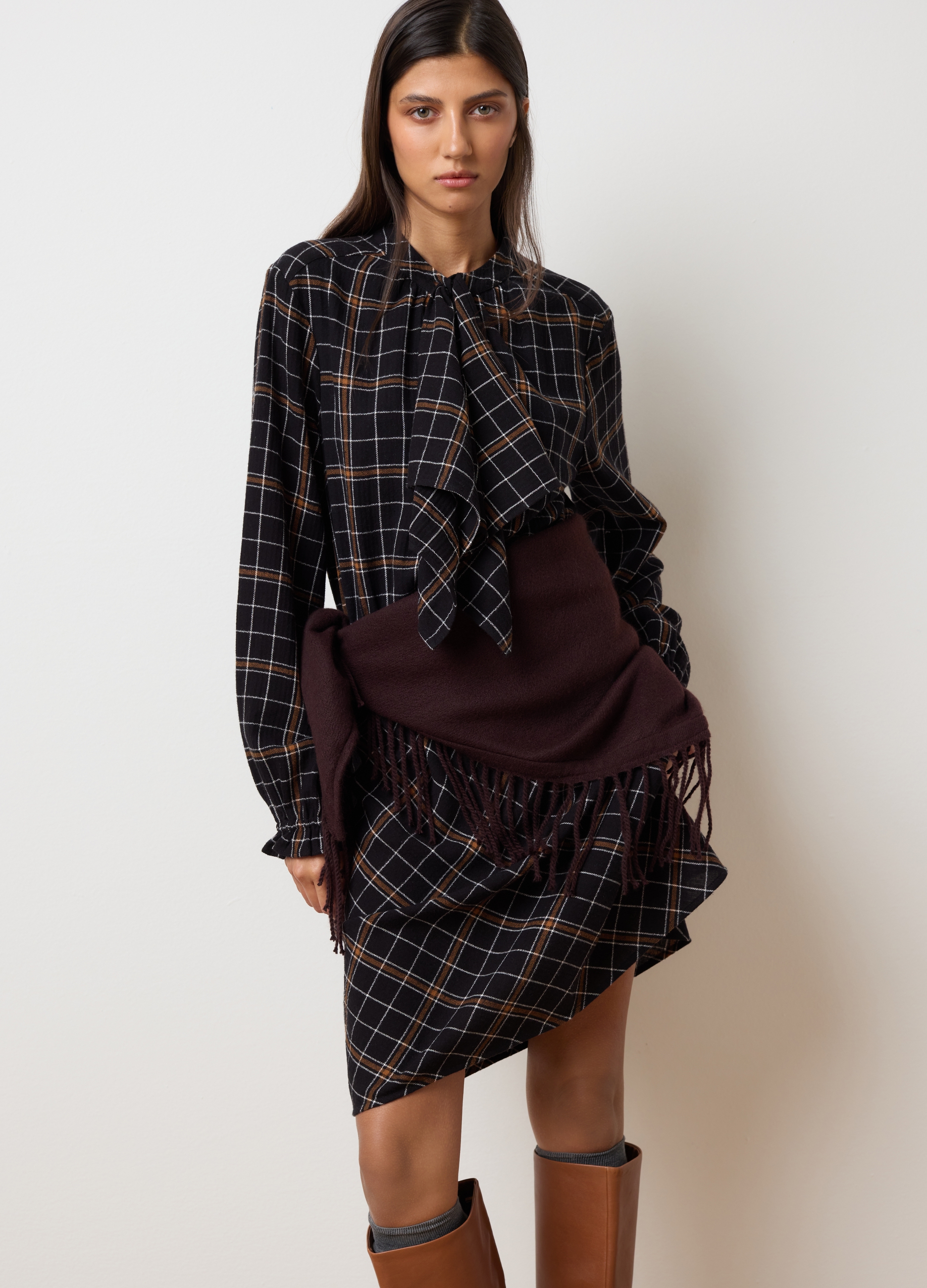 LES COPAINS, Abito In Puro Cotone E Flanella Nero Regular Fit, Donna, Nero, Taglia: S