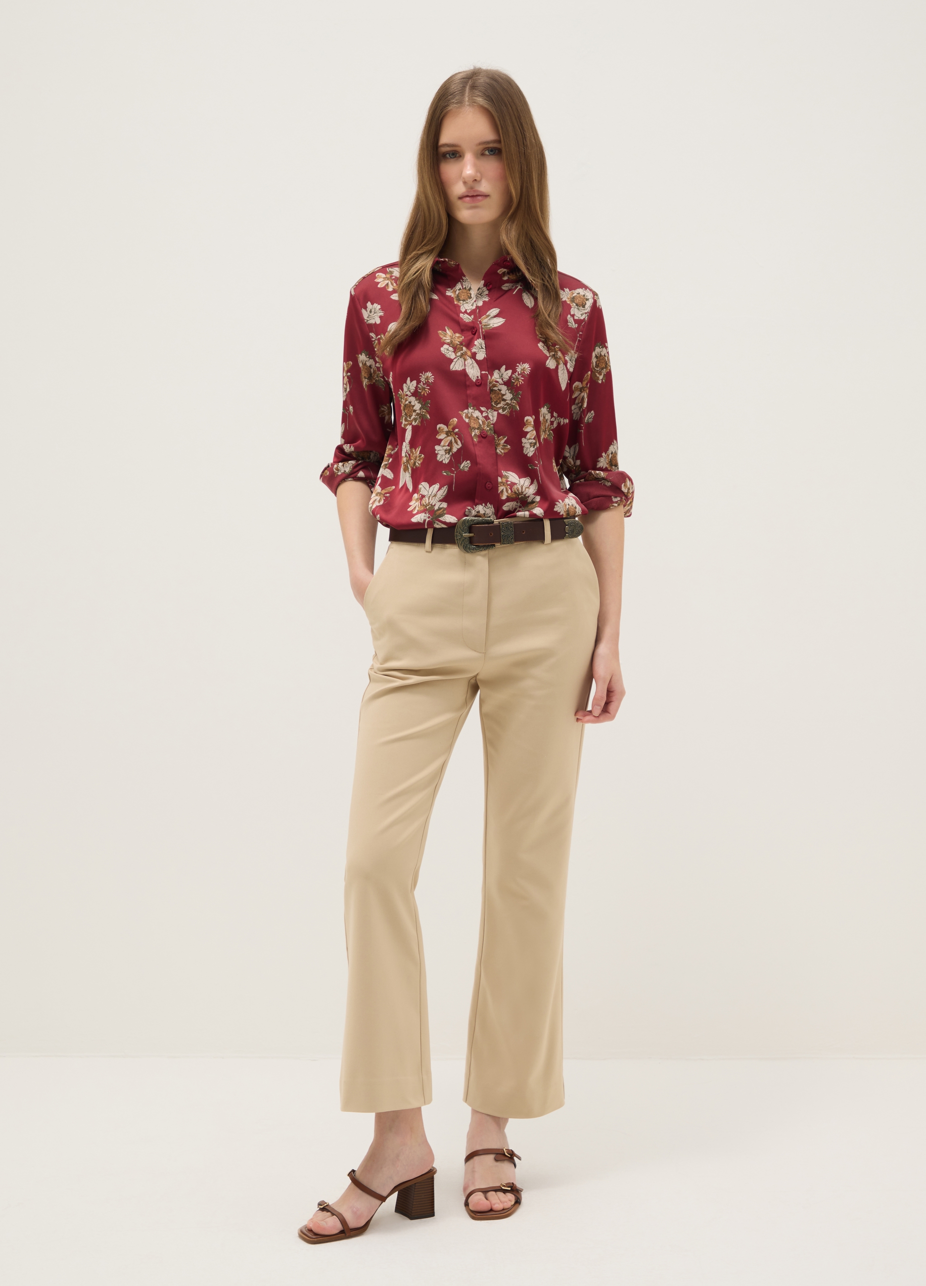 Pantalón Chino Beige En Mezcla De Algodón Corte Regular, Mujer, Beige, Talla: 50