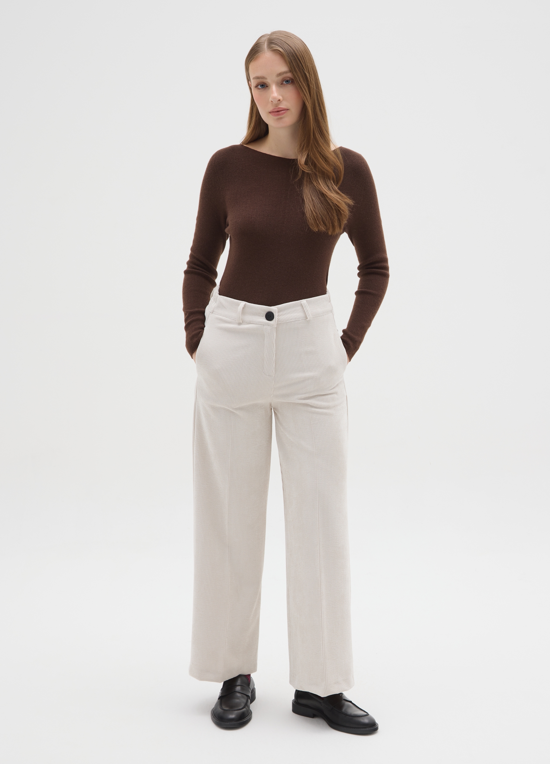 HYBRID, Pantaloni Beige Regular Fit A Coste, Donna, Beige, Taglia: M