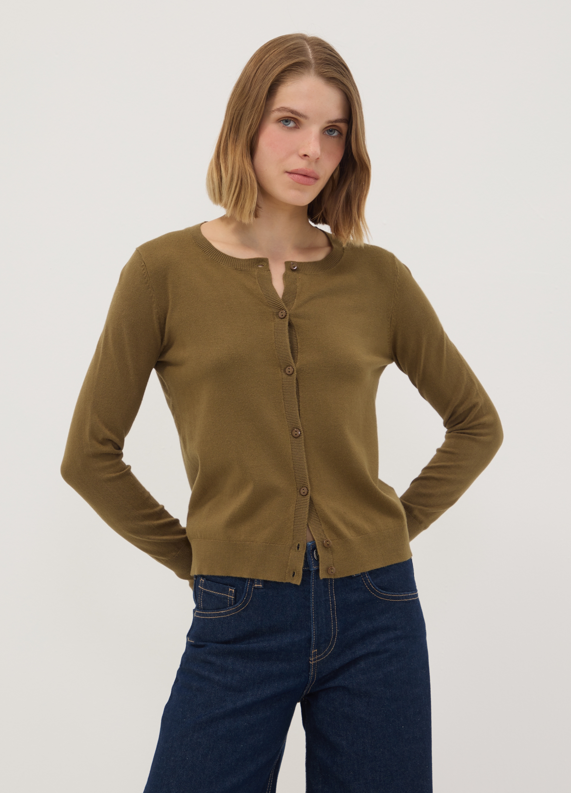 OVS, Cardigan Verde In Misto Viscosa A Girocollo Regular Fit, Donna, Verde, Taglia: L