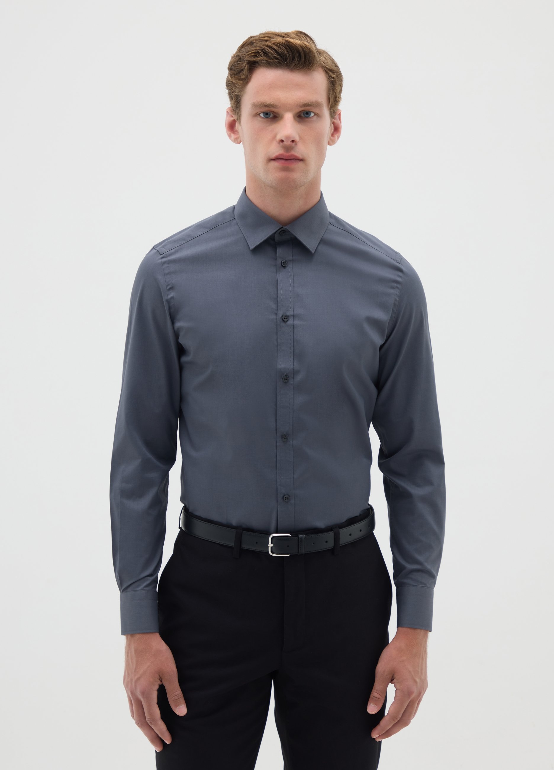 Camisa Ajustada De Hombre En Mezcla De Algodón Gris, Hombre, Gris claro, Talla: 43