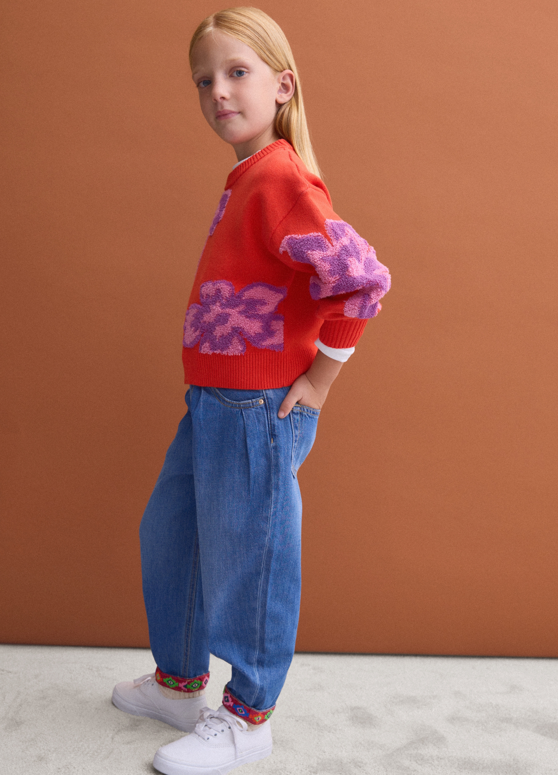 PIOMBO KIDS, Jeans Blu Baggy In Puro Cotone Con Risvolto Ricamato Per Bambina, Blu, Taglia: 6