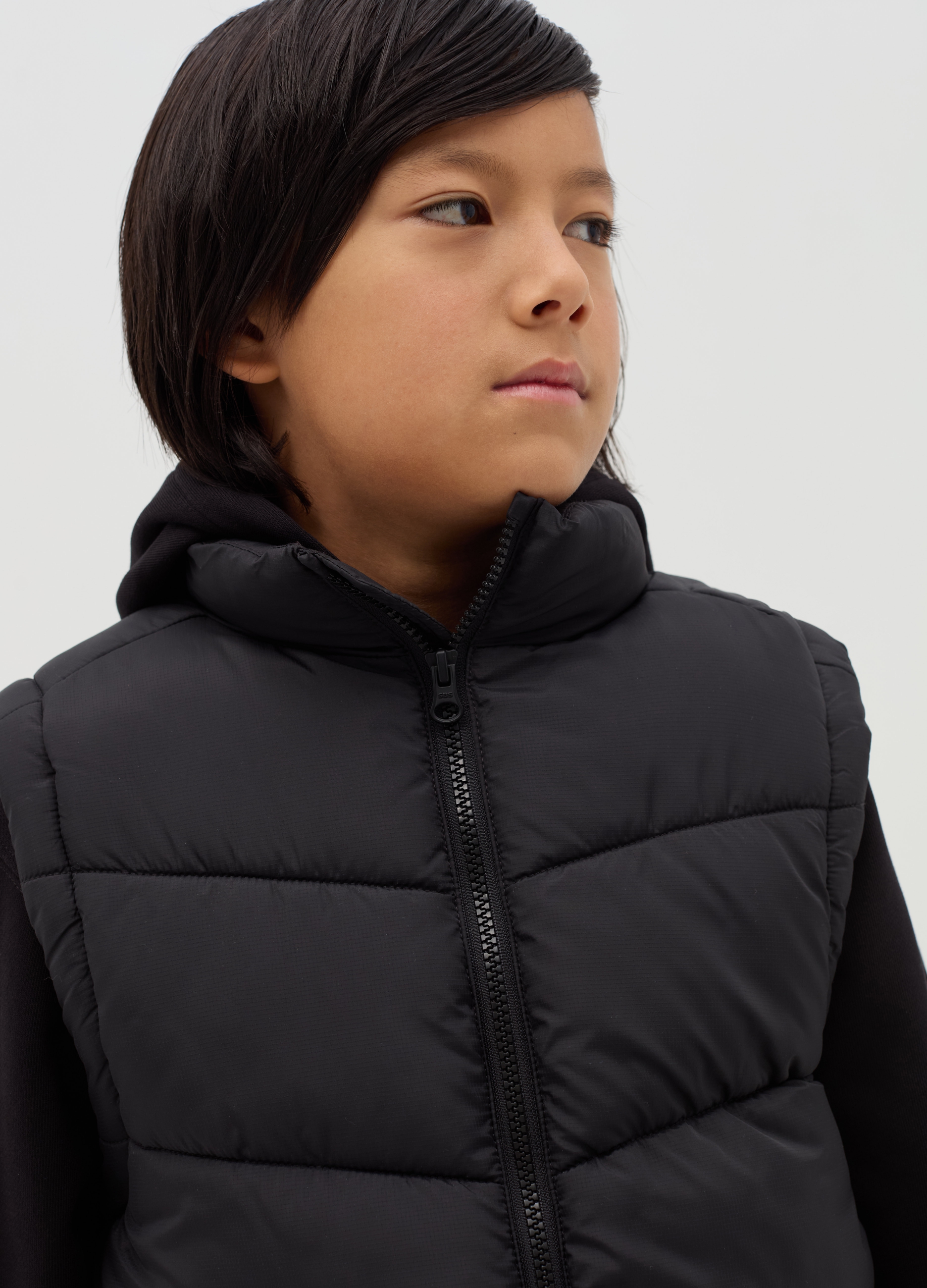 OVS KIDS, Gilet Trapuntato Full-zip Con Trama Ripstop, Bambino, Nero, Taglia: 10-11