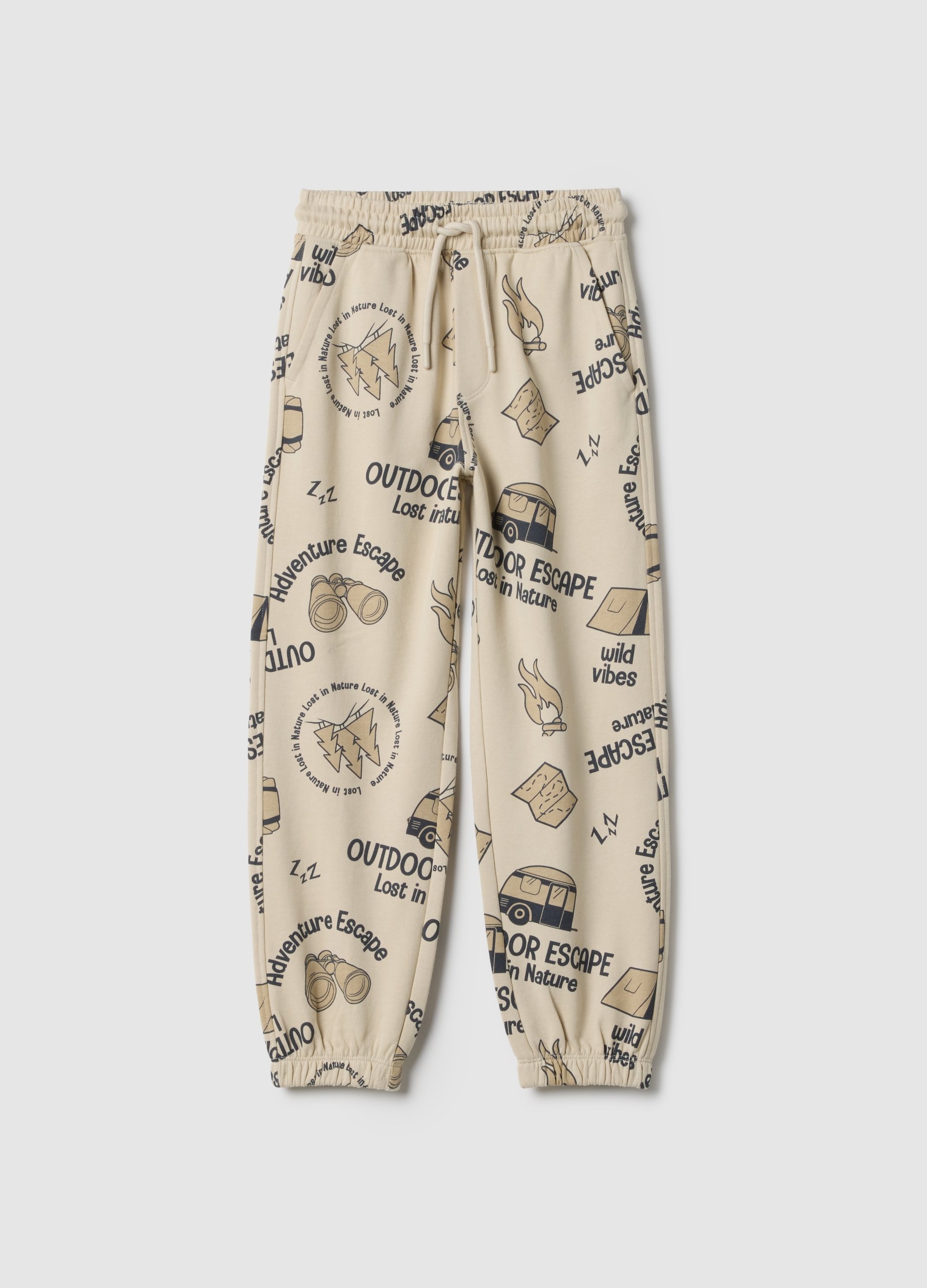 OVS KIDS, Pantalones De Niño En Algodón Puro Beige, Ajuste Regular Con Estampado, Niño, Beige Claro, Talla: 8-9