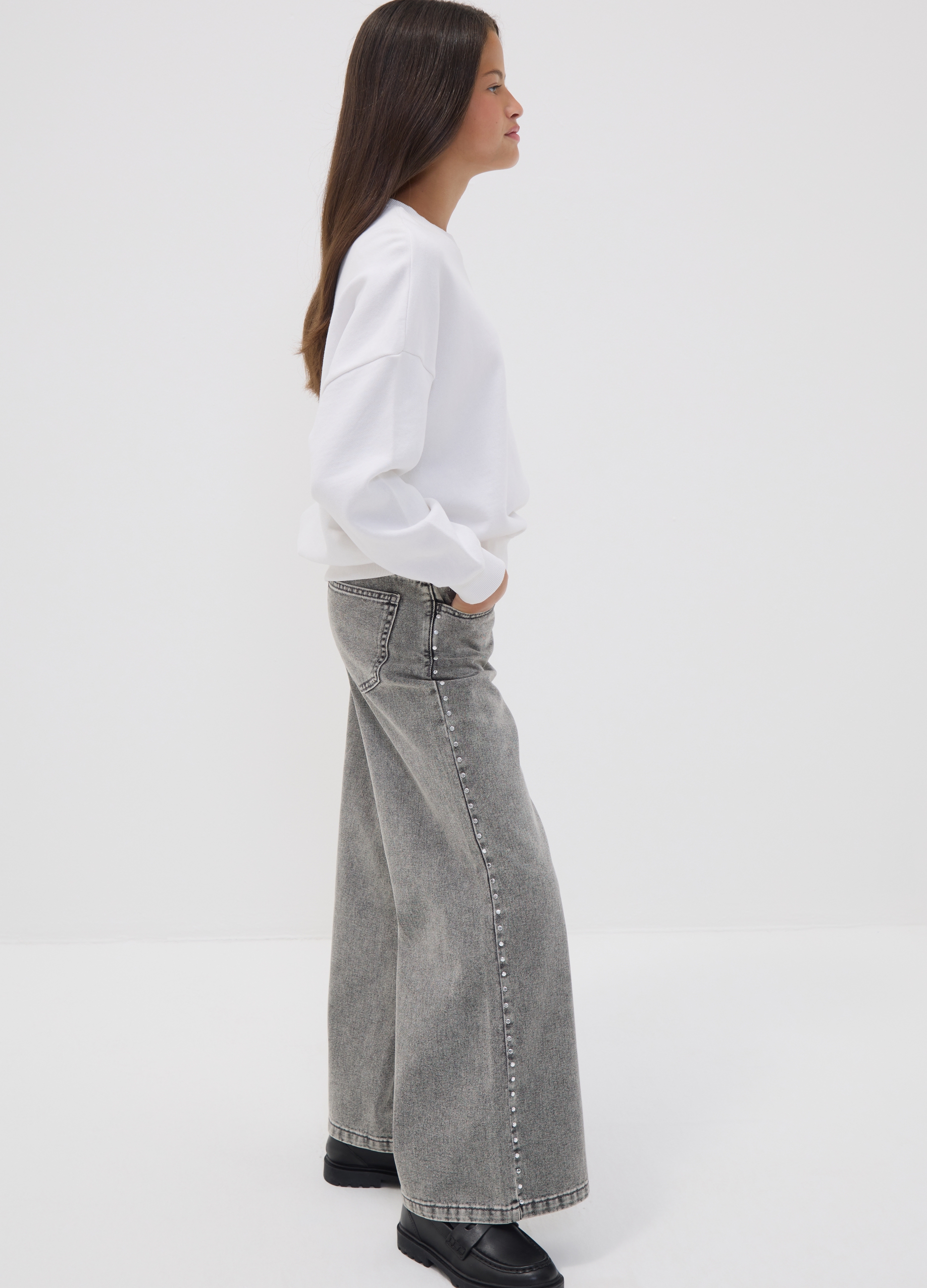 REPUBLIC OF DENIM, Jeans Grigi Wide Leg In Puro Cotone Con Borchie Per Ragazza, Bambina, Grigio, Taglia: 10-11