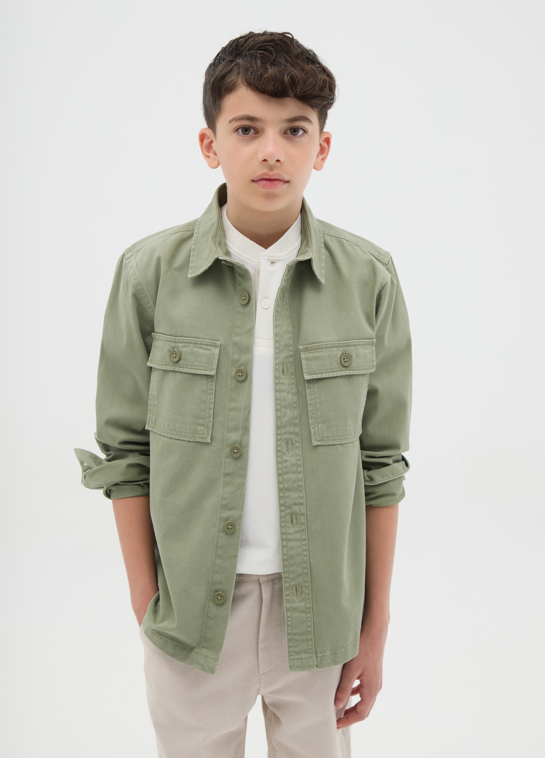 OVS, Camicia Da Ragazzo In Puro Cotone Verde Over Fit Con Bottoni, Bambino, Verde, Taglia: 10-11