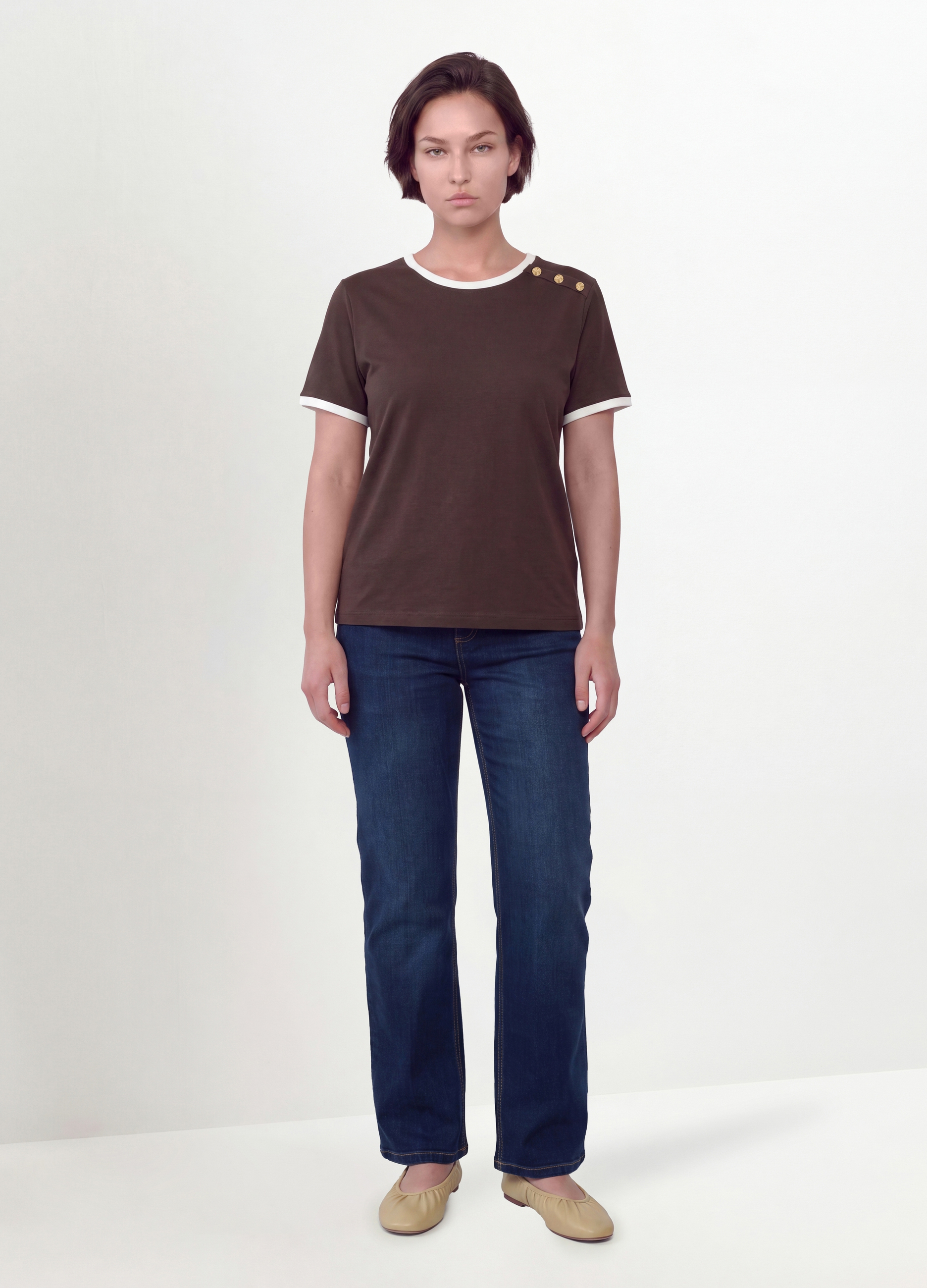 MYA, T-shirt Marrone In Puro Cotone Con Bottoni Regular Fit, Donna, Marrone, Taglia: L