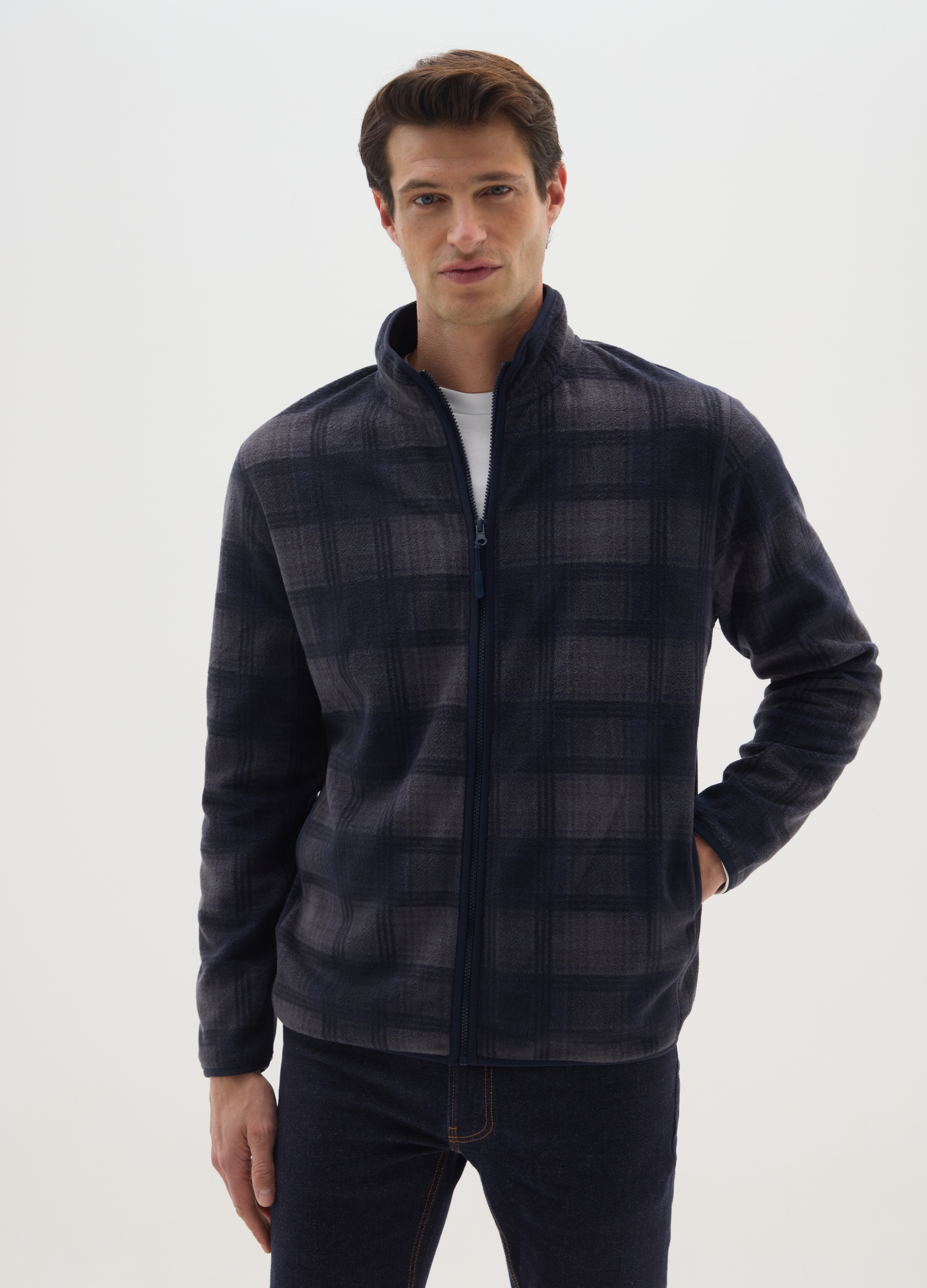 Chaqueta Azul Con Cuello Alto A Cuadros De Forro Polar Con Cremallera, Hombre, Azul/Negro, Talla: XXL