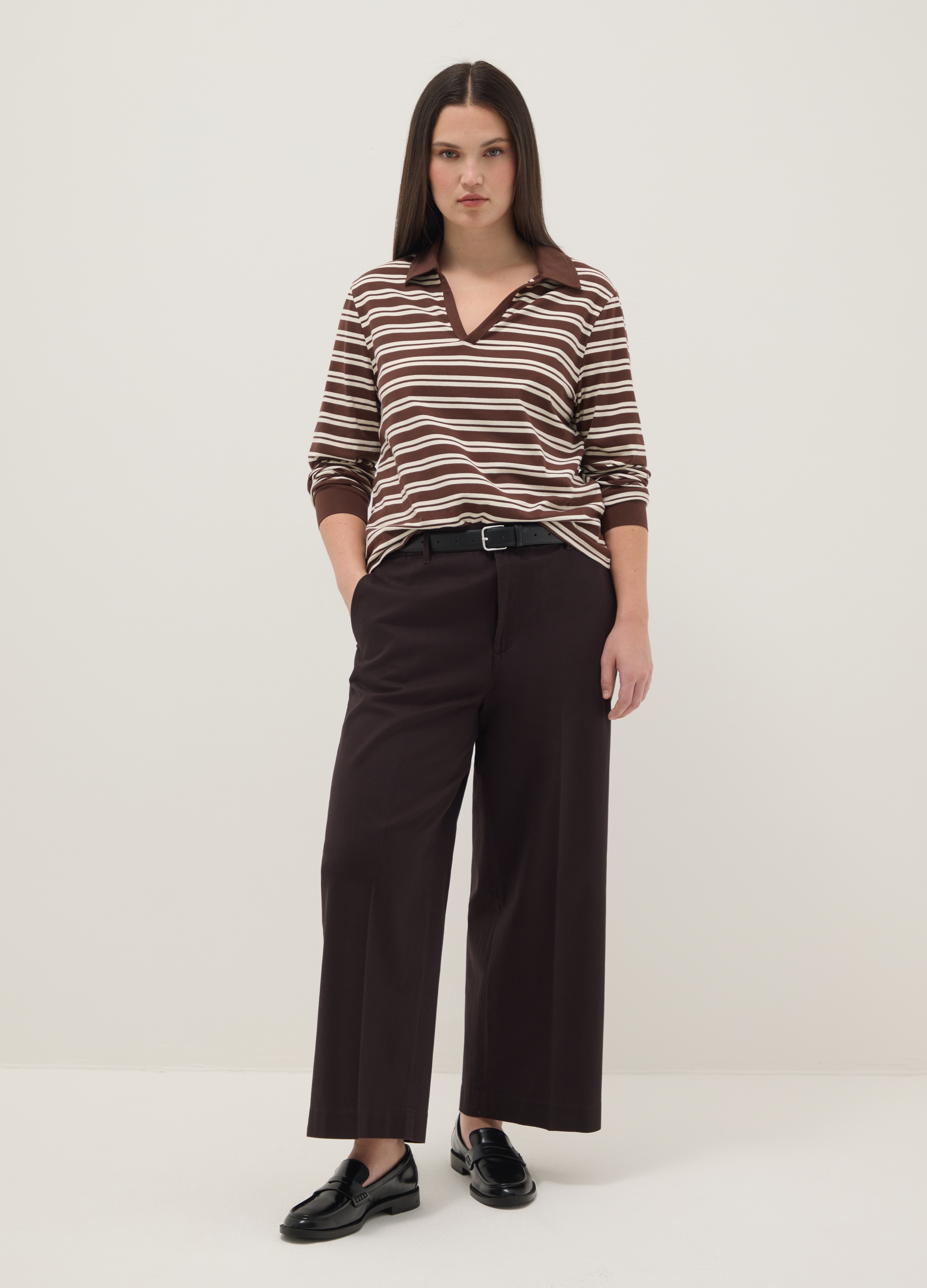 Polo De Algodón Elástico A Rayas Multicolor Corte Regular, Mujer, Blanco/marrón, Talla: S