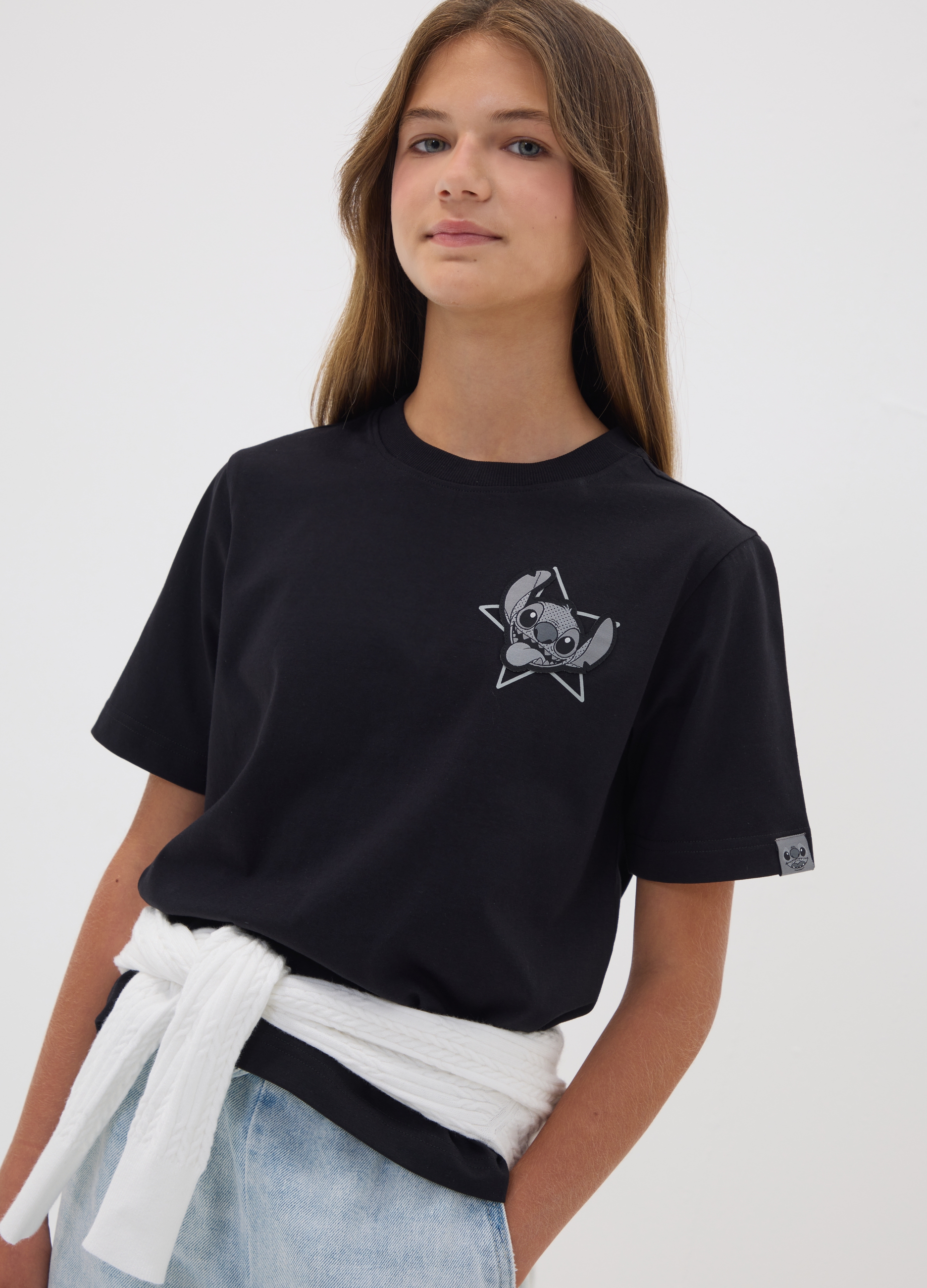 DISNEY, T-shirt Boxy Fit Nera In Puro Cotone Con Stampa Lilo & Stitch Per Ragazza, Bambina, Nero, Taglia: 12-13