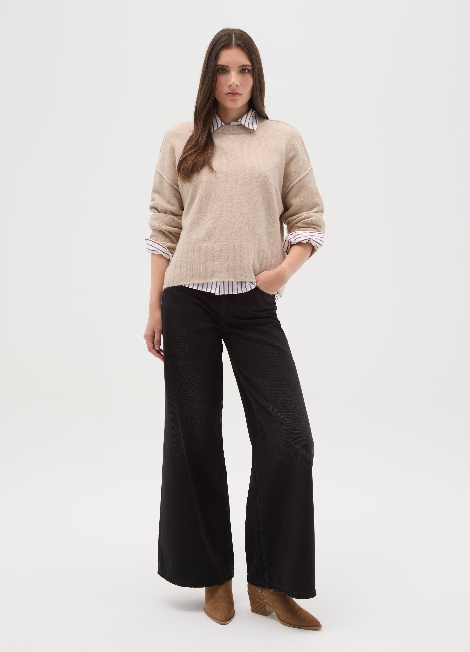 Jersey Beige De Tejido Elástico Con Ajuste Holgado Y Cuello Redondo, Mujer, Beige Jaspeado, Talla: 40