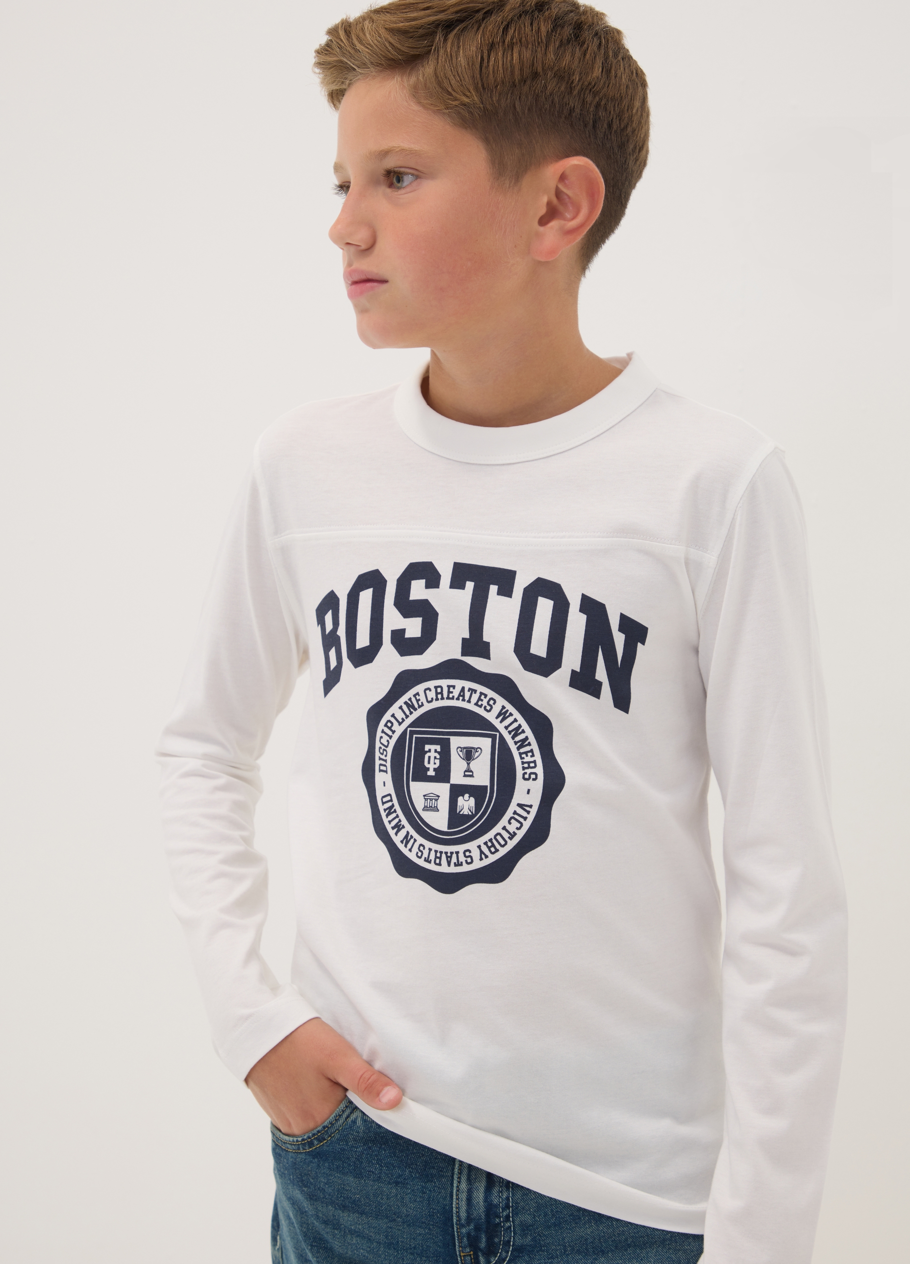 OVS KIDS, T-shirt Bianca In Puro Cotone Organico Con Stampa College, Bambino, Bianco, Taglia: 11-12