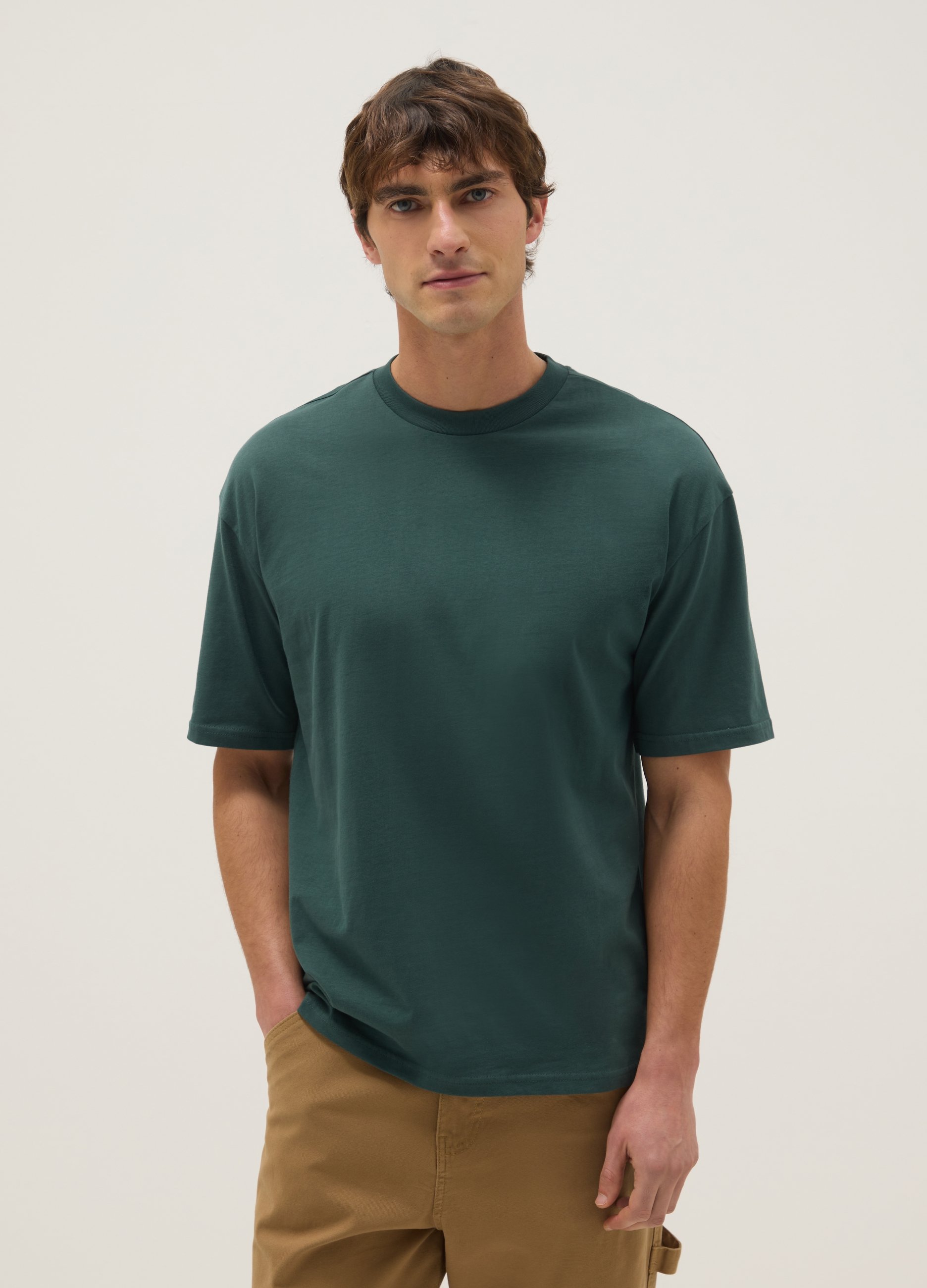 Camiseta Verde De Algodón Puro Con Ajuste Relajado, Hombre, Verde bosque, Talla: M