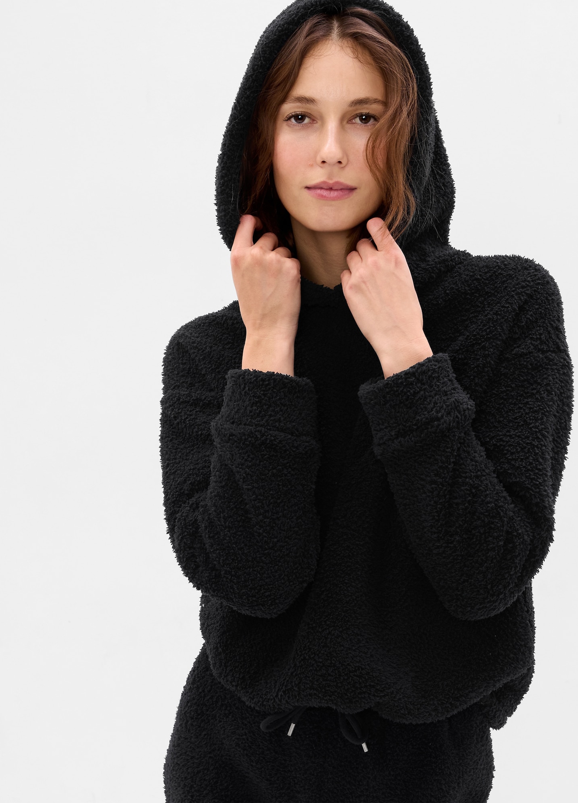 GAP, Felpa In Sherpa Con Cappuccio E Coulisse, Donna, Nero, Taglia: XS