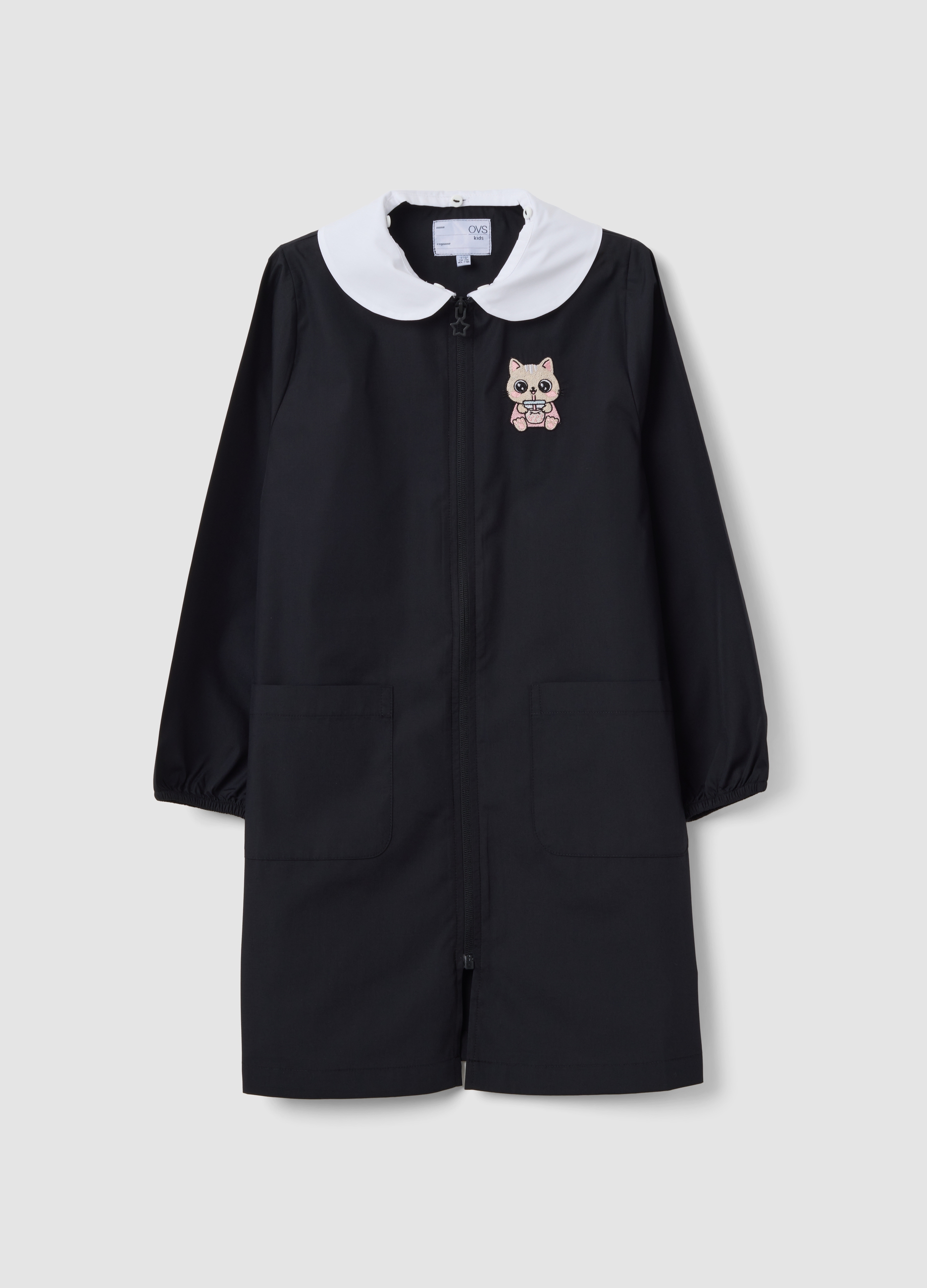 OVS KIDS, Grembiule Personalizzabile Nero Per La Scuola Con Ricamo Gattino Per Bambina, Nero, Taglia: 5-6