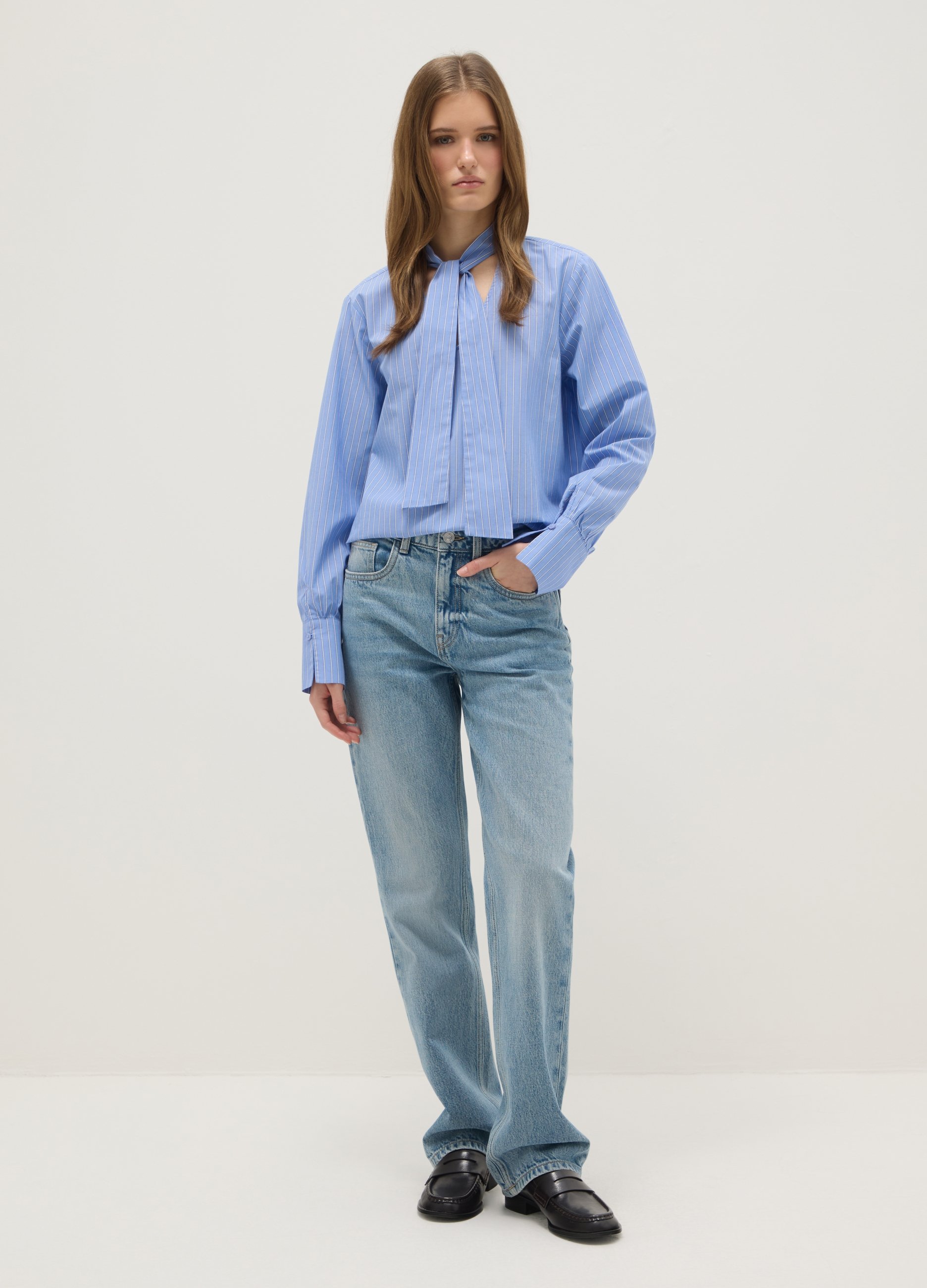 Camisa Multicolor A Rayas En Algodón Puro Regular Fit Con Cuello De Banda, Mujer, Blanco/azul claro, Talla: 38