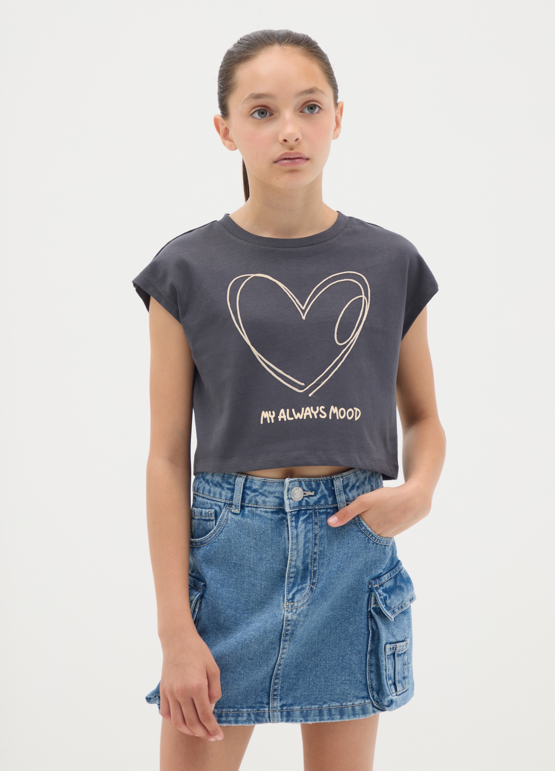 OVS, T-shirt Da Ragazza In Puro Cotone Nero Fitted Con Stampa Cuore, Bambina, Nero, Taglia: 10-11