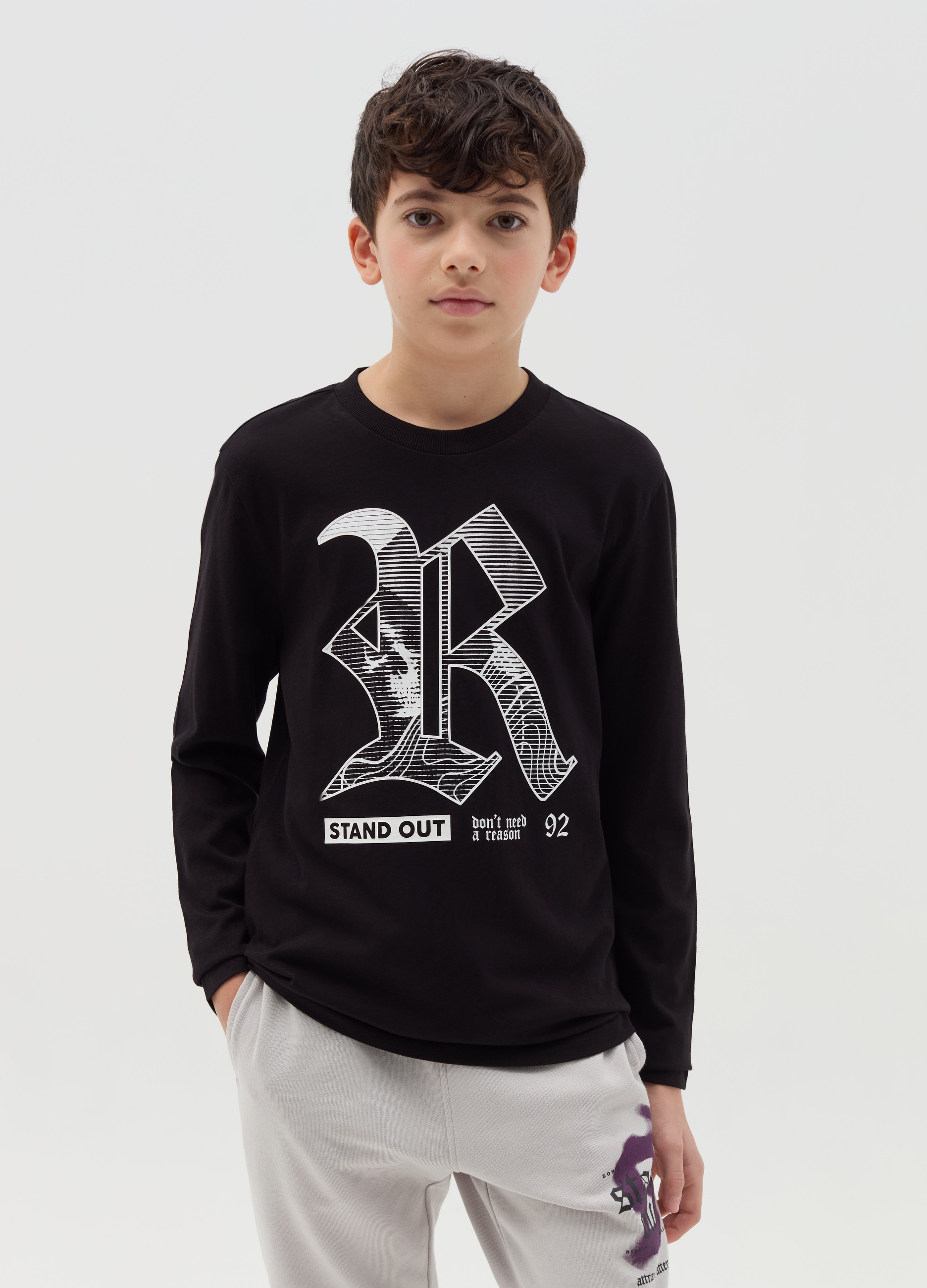 OVS KIDS, T-shirt Maniche Lunghe Stampa "stand Out", Bambino, Bianco, Taglia: 13-14