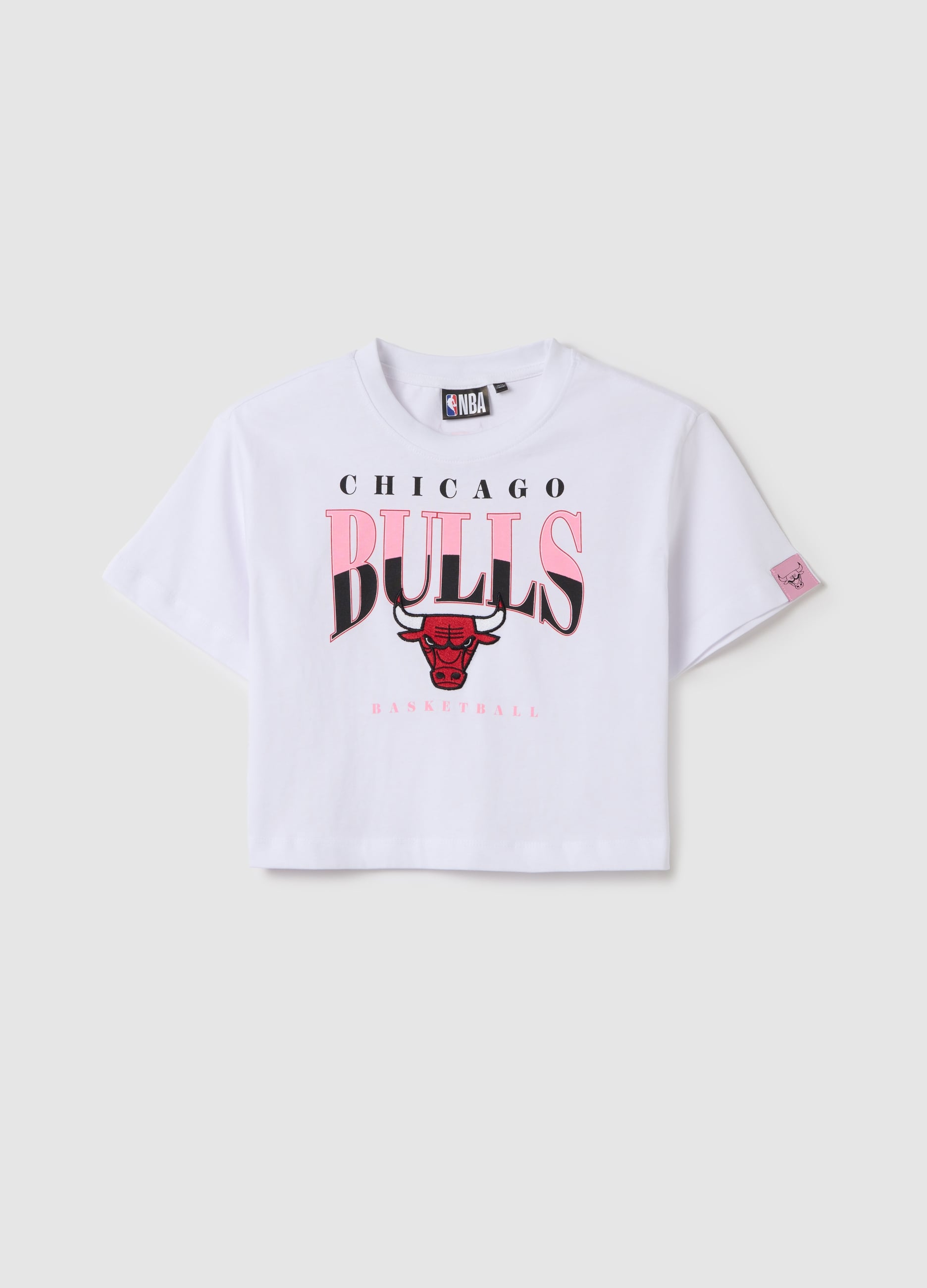 NBA, T-shirt Bianca Crop In Cotone Nba Chicago Bulls, Bambina, Bianco, Taglia: 10-11