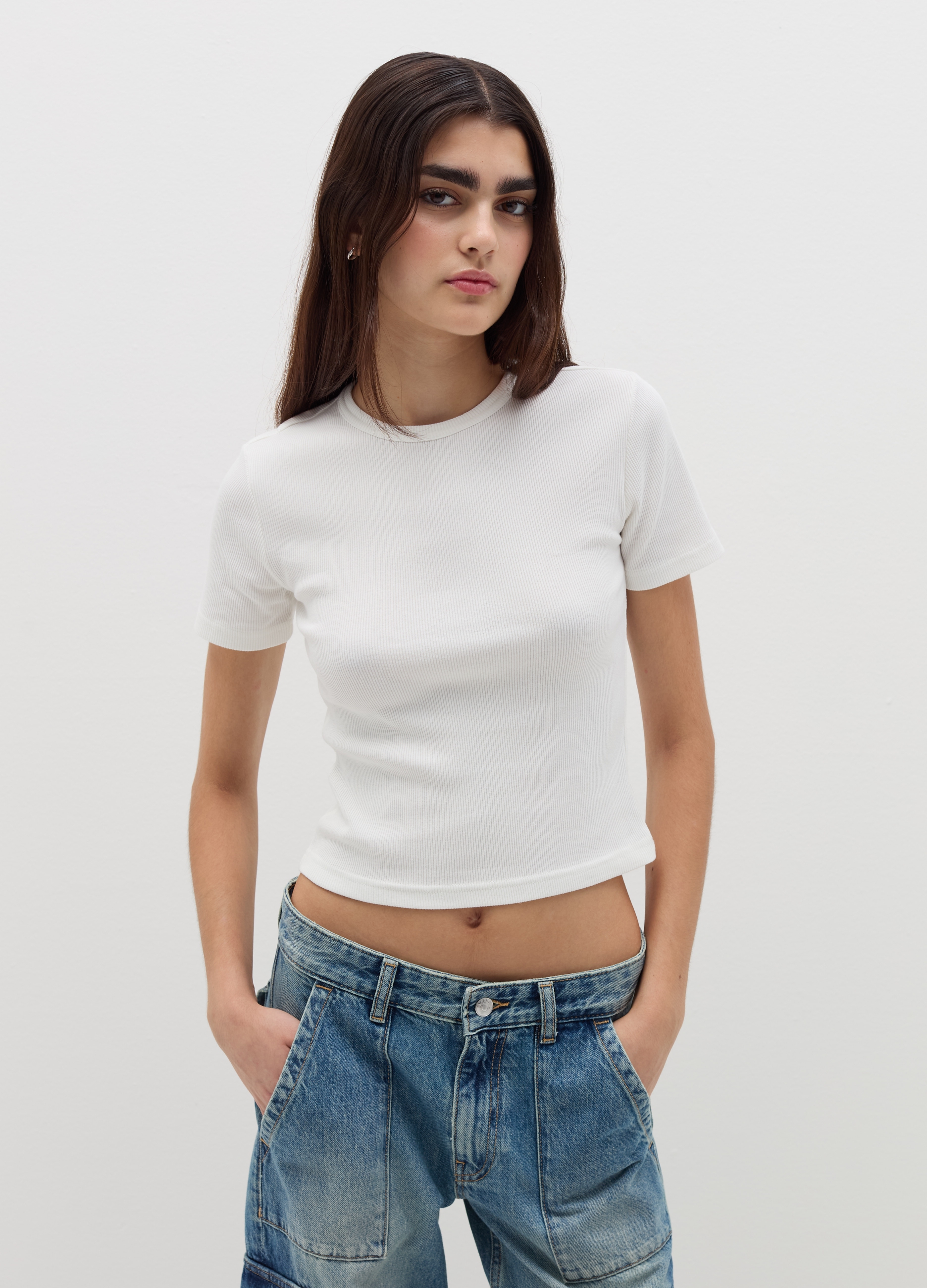 B.ANGEL, Camiseta De Algodón Elástico En Canalé, Mujer, Blanco óptico, Talla: 40