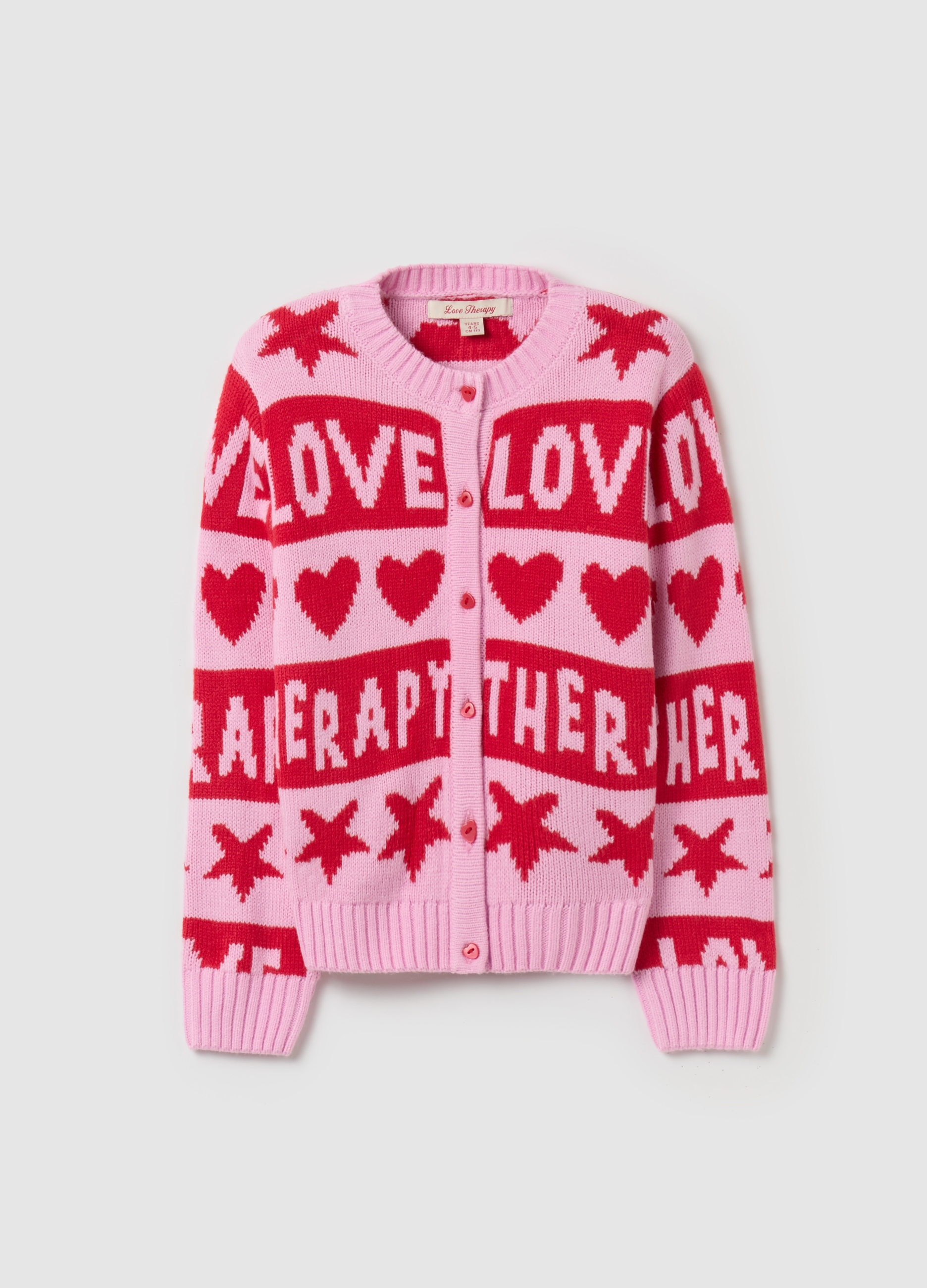 LOVE THERAPY, Cardigan Con Disegno Stelle E Cuori Jacquard, Bambina, Rosa, Taglia: 6-7