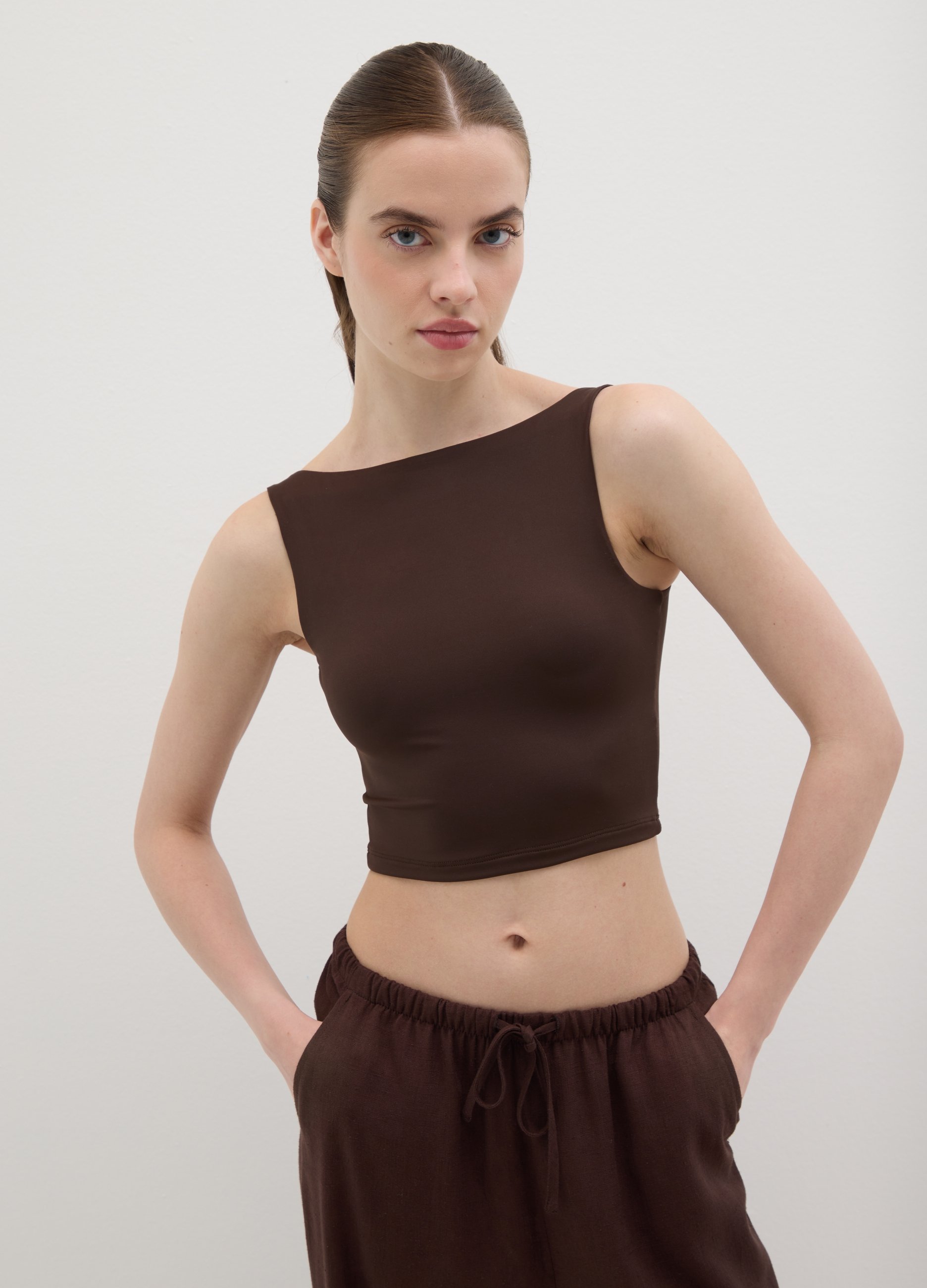 OVS, Top Da Donna In Tessuto Elasticizzato Marrone Cropped Fitted, Marrone, Taglia: L