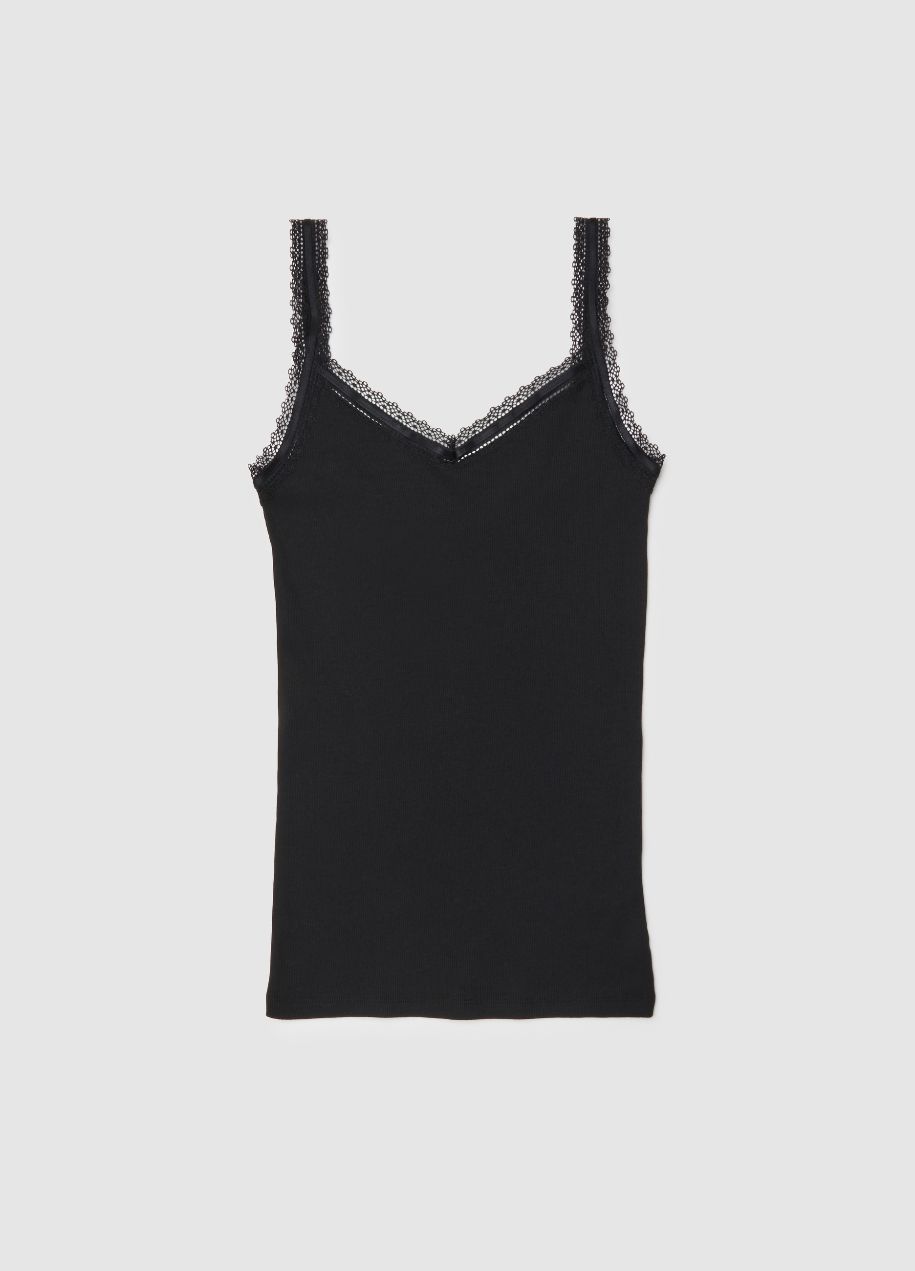 Camiseta De Algodón Negro Regular Fit Con Ribete De Encaje, Mujer, Gunmetal, Talla: XL