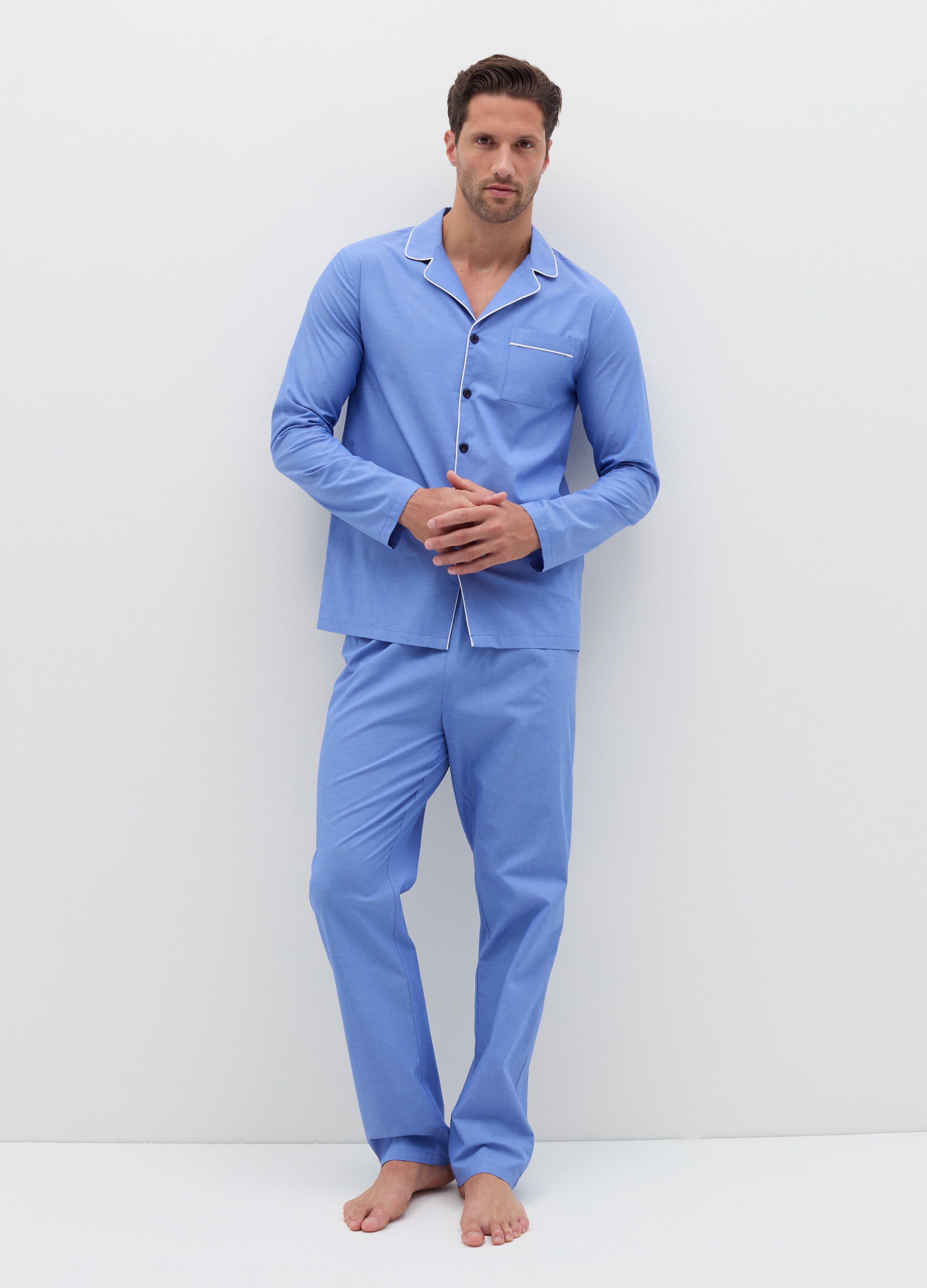 Pijama Largo Parte De Arriba Con Ribetes En Contraste, Hombre, Azul suave, Talla: S