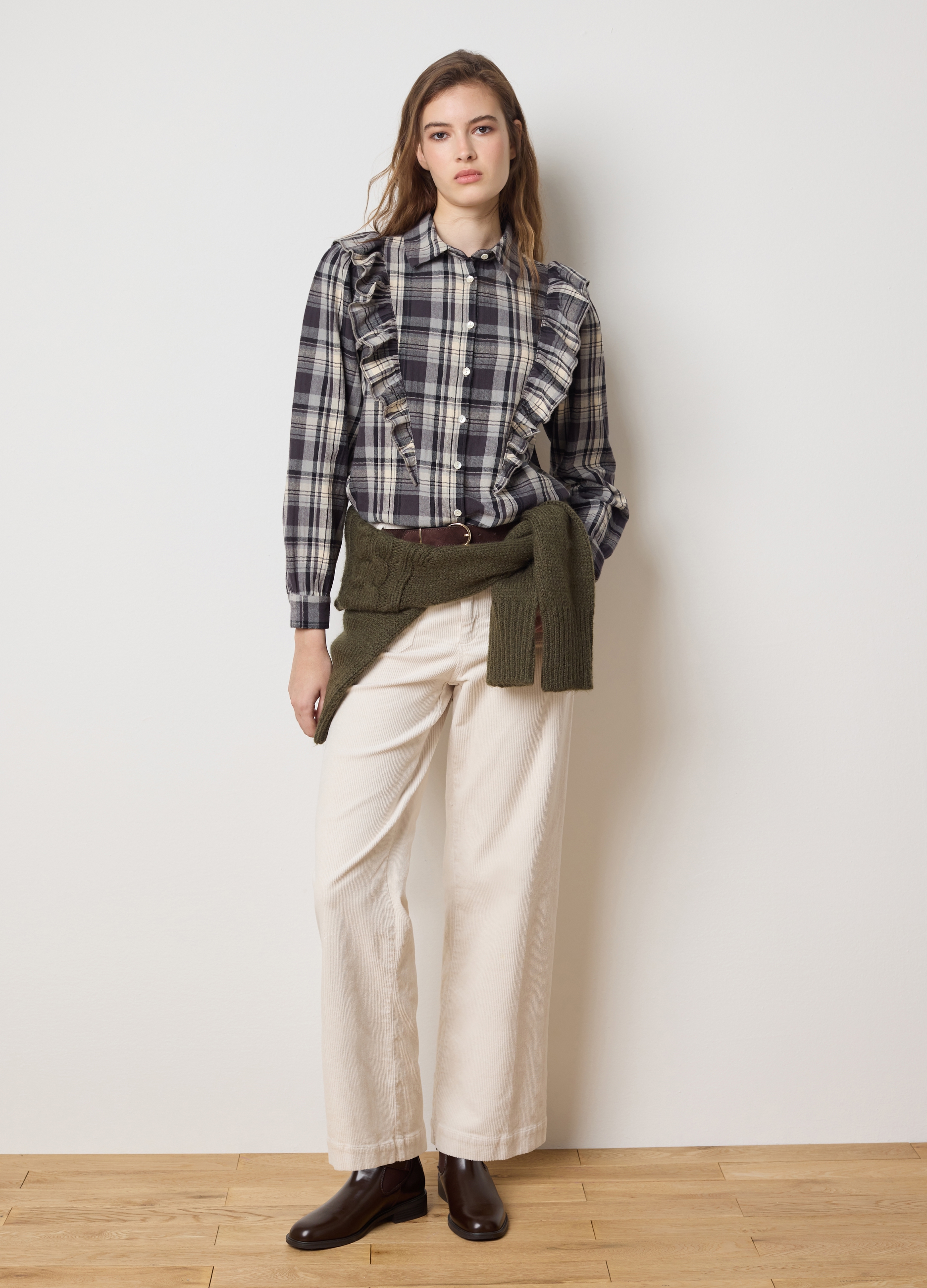 LES COPAINS, Camicia A Quadri Multicolor Con Volant In Puro Cotone Regular Fit, Donna, Multicolor, Taglia: 42