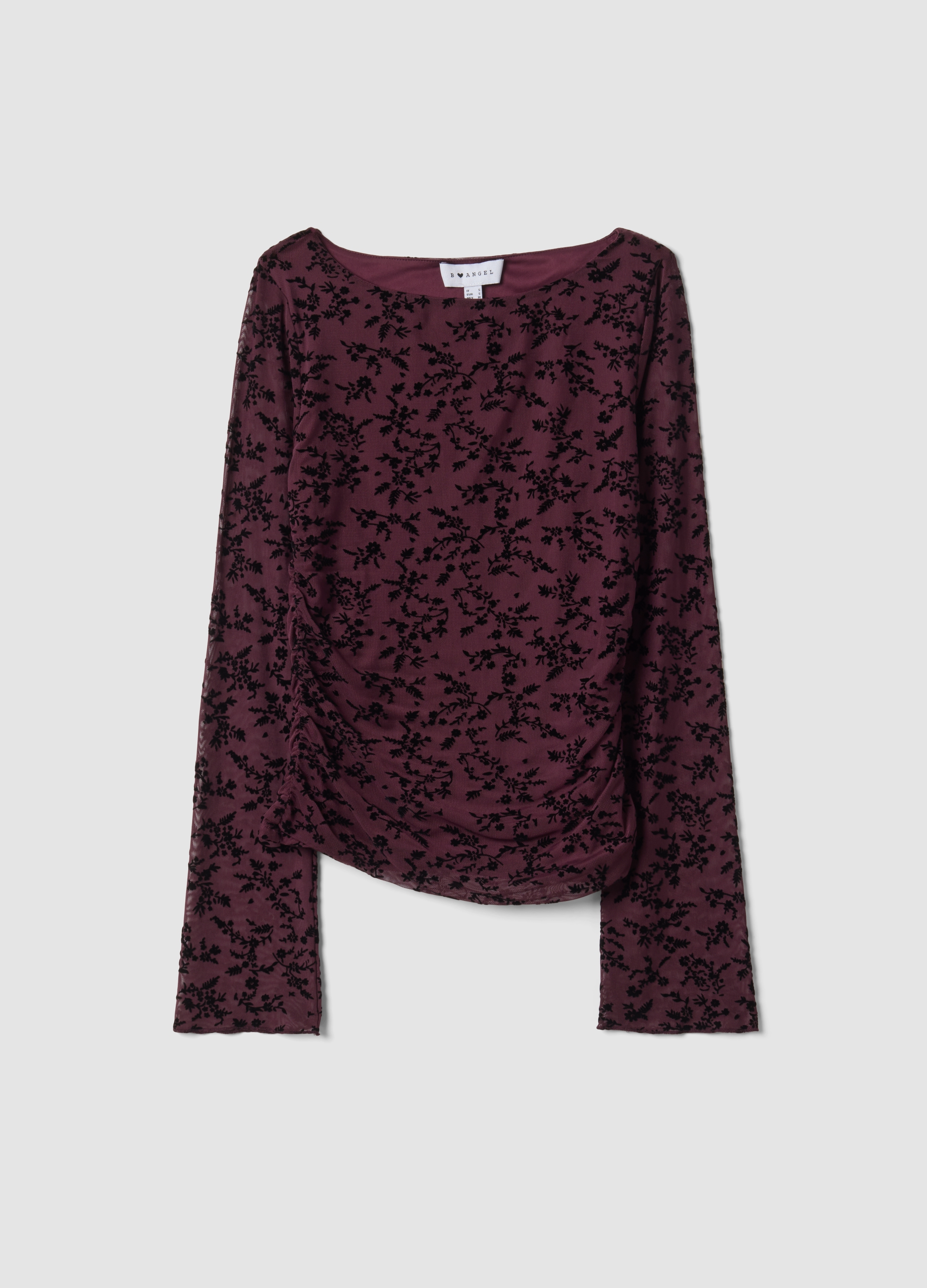 B.ANGEL, T-shirt Viola In Tessuto Elasticizzato Con Motivo Floreale Floccato, Donna, Viola, Taglia: S