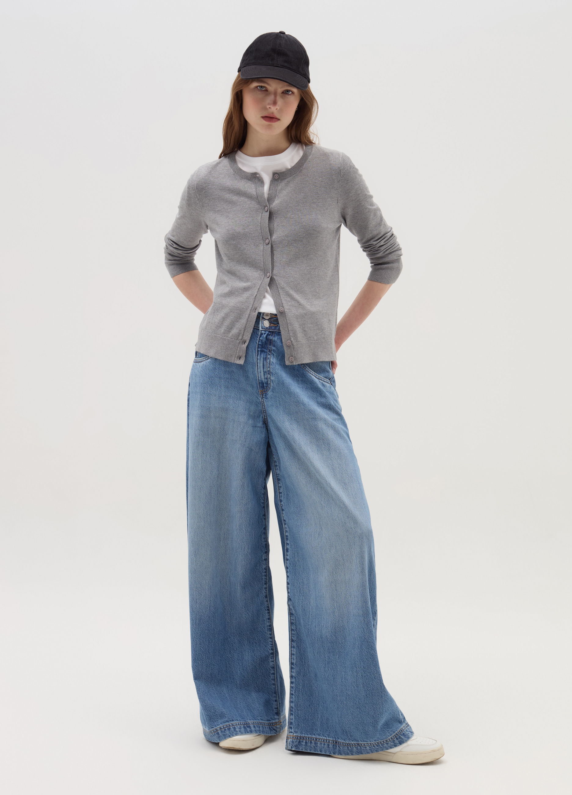 Cárdigan Con Cuello Redondo, Mujer, Gris jaspeado, Talla: XXL