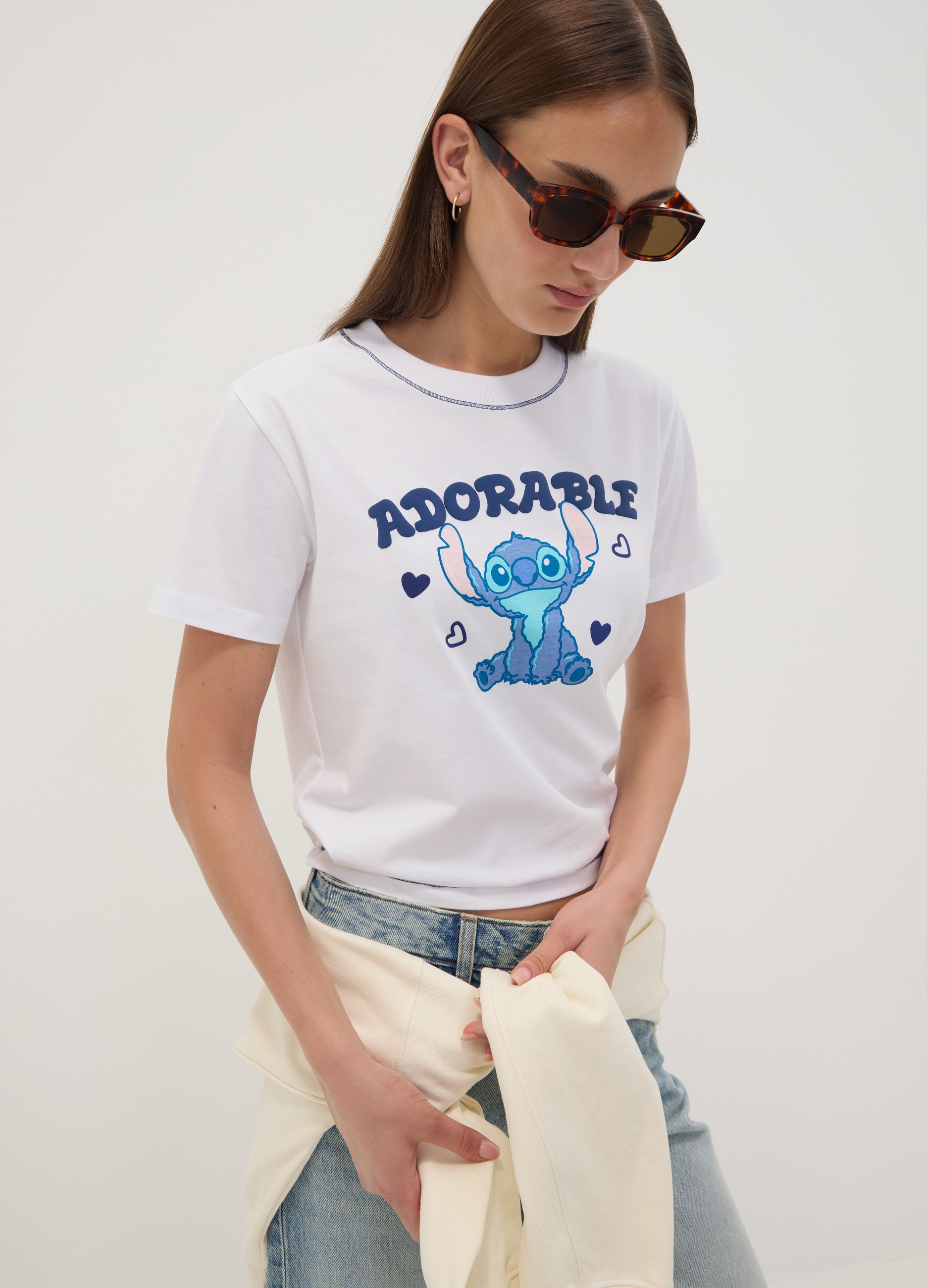 DISNEY, T-shirt Bianca In Puro Cotone Con Stampa Stitch Regular Fit, Unisex, Bianco, Taglia: M