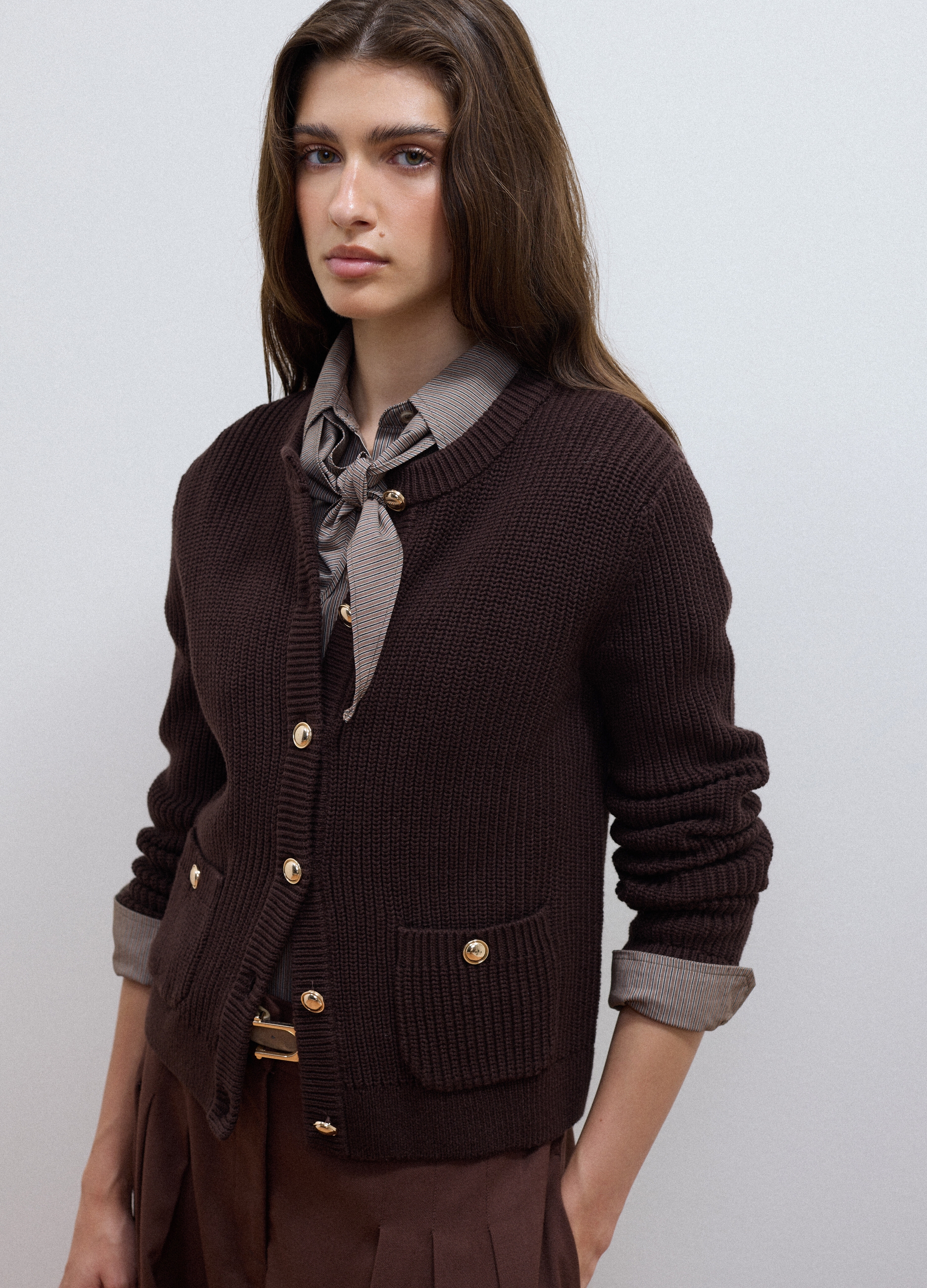 LES COPAINS, Cardigan Marrone In Puro Cotone A Maglia Con Girocollo, Donna, Marrone, Taglia: XL