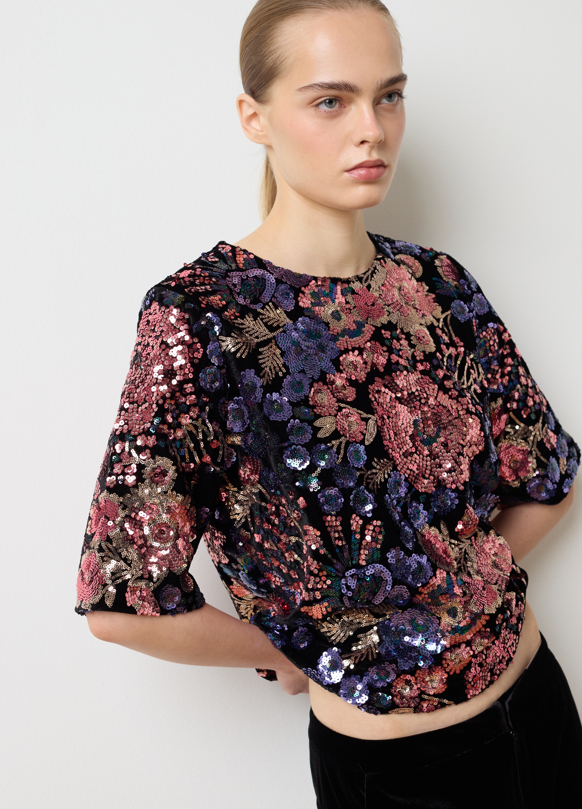 LES COPAINS, Top Floreale Multicolor Regular Fit Con Paillettes, Donna, Multicolor, Taglia: L