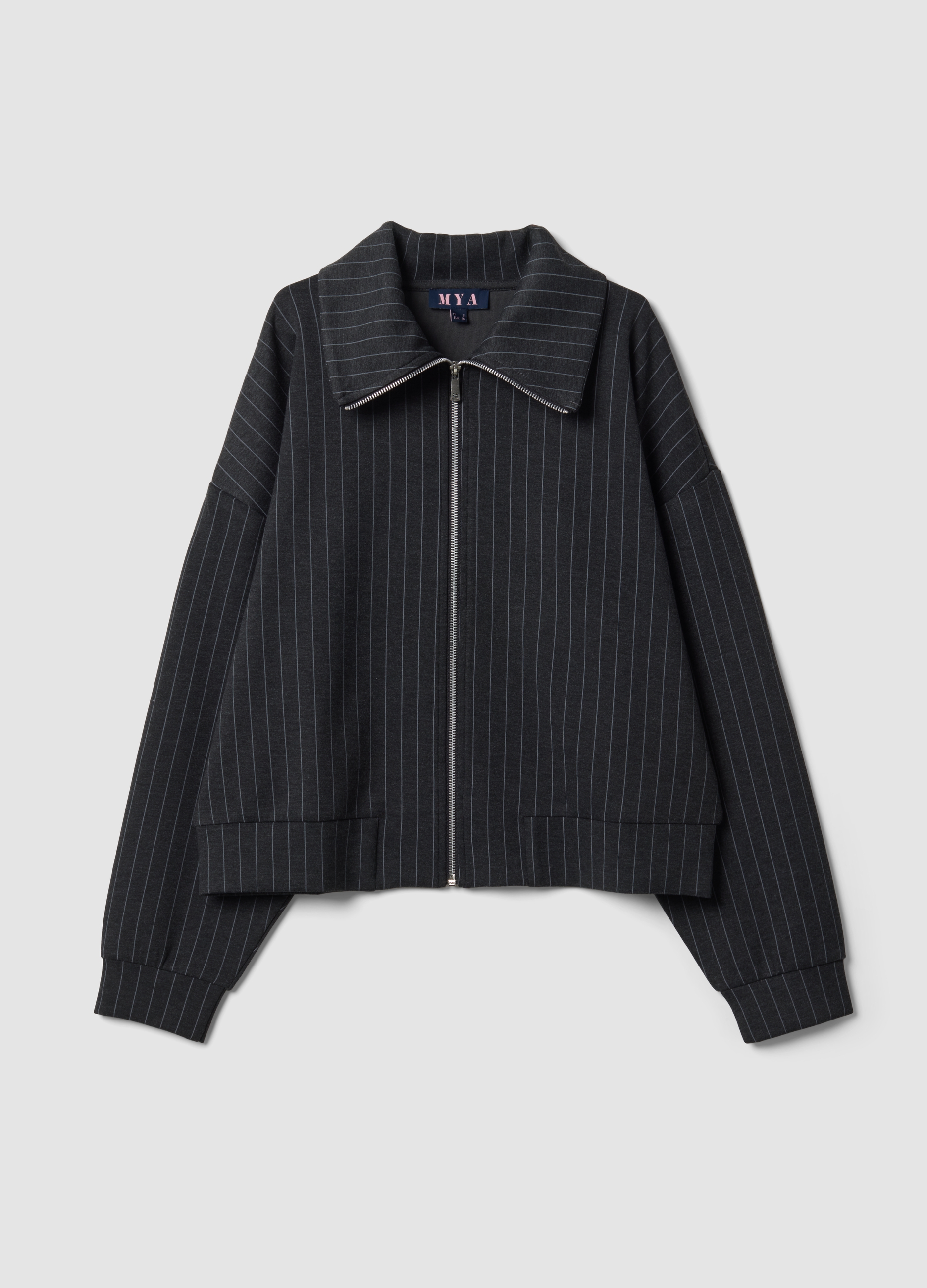 MYA, Felpa Full Zip Grigia In Viscosa Elasticizzata A Righe Con Colletto, Donna, Grigio, Taglia: S