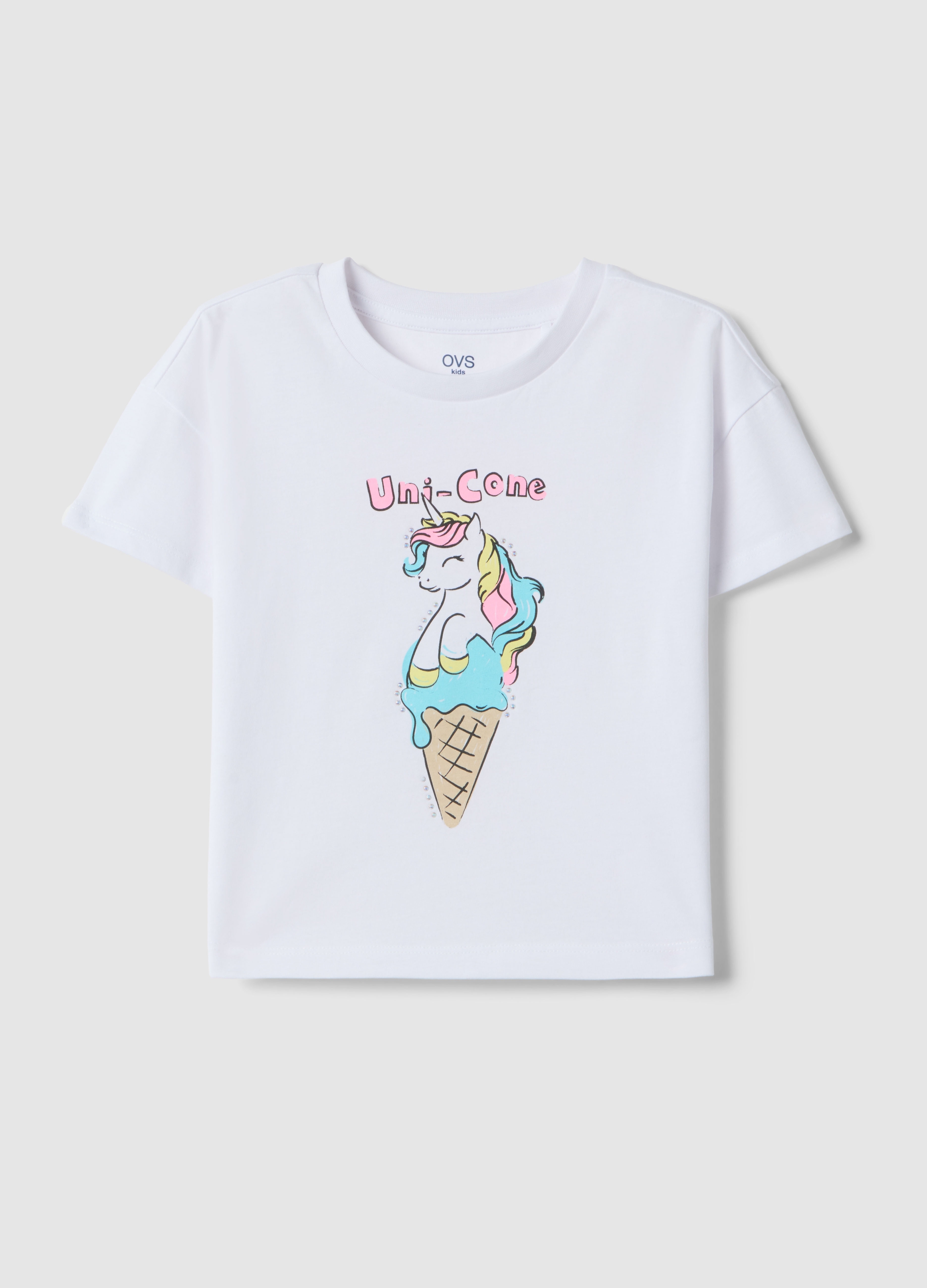 OVS KIDS, White Pure Cotton Girls' T-shirt Regular Fit With Ice Cream, Niña, Blanco, Talla: 6-7