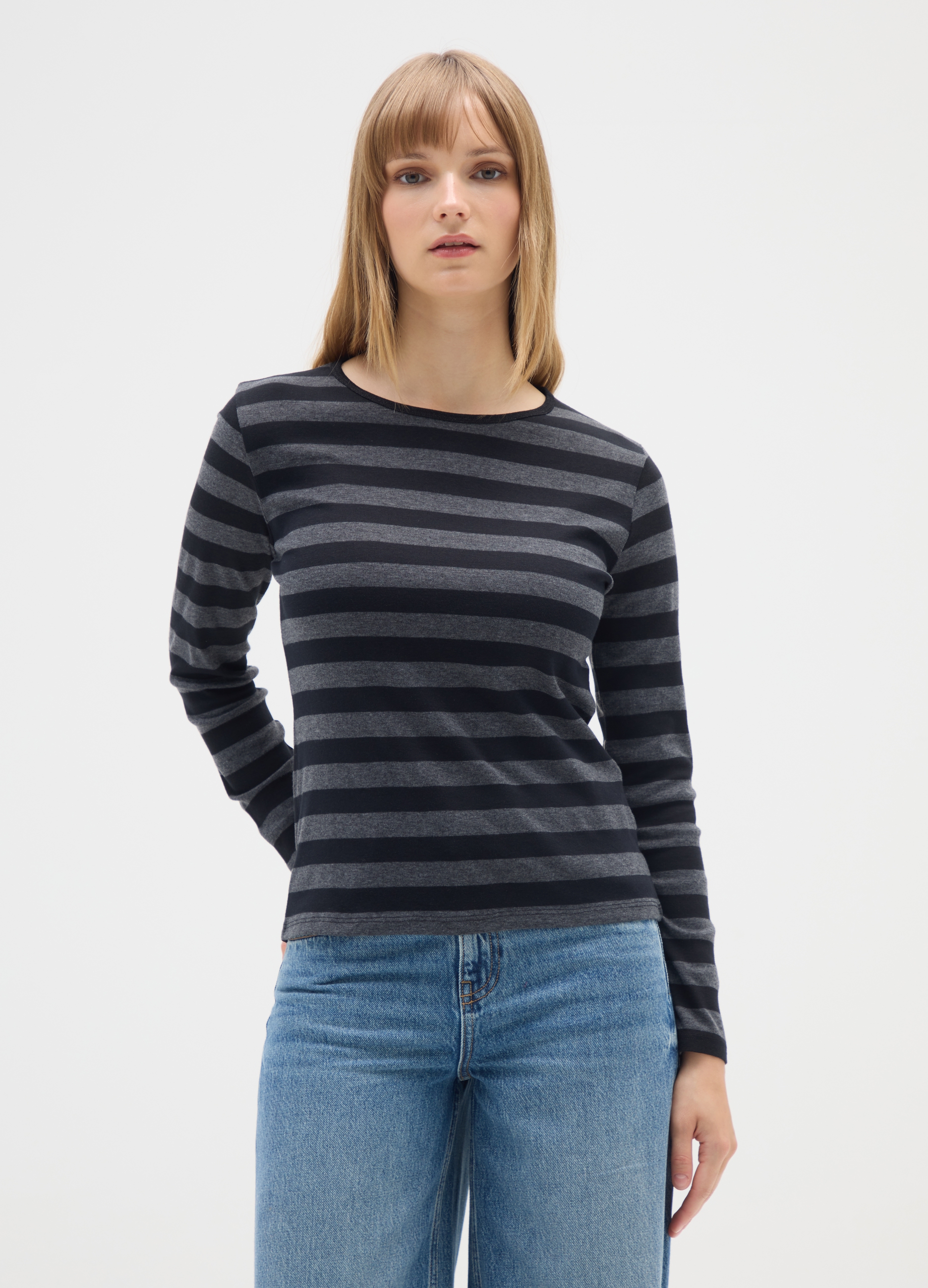 Camiseta Gris A Rayas, Mujer, Negro/Gris, Talla: 38