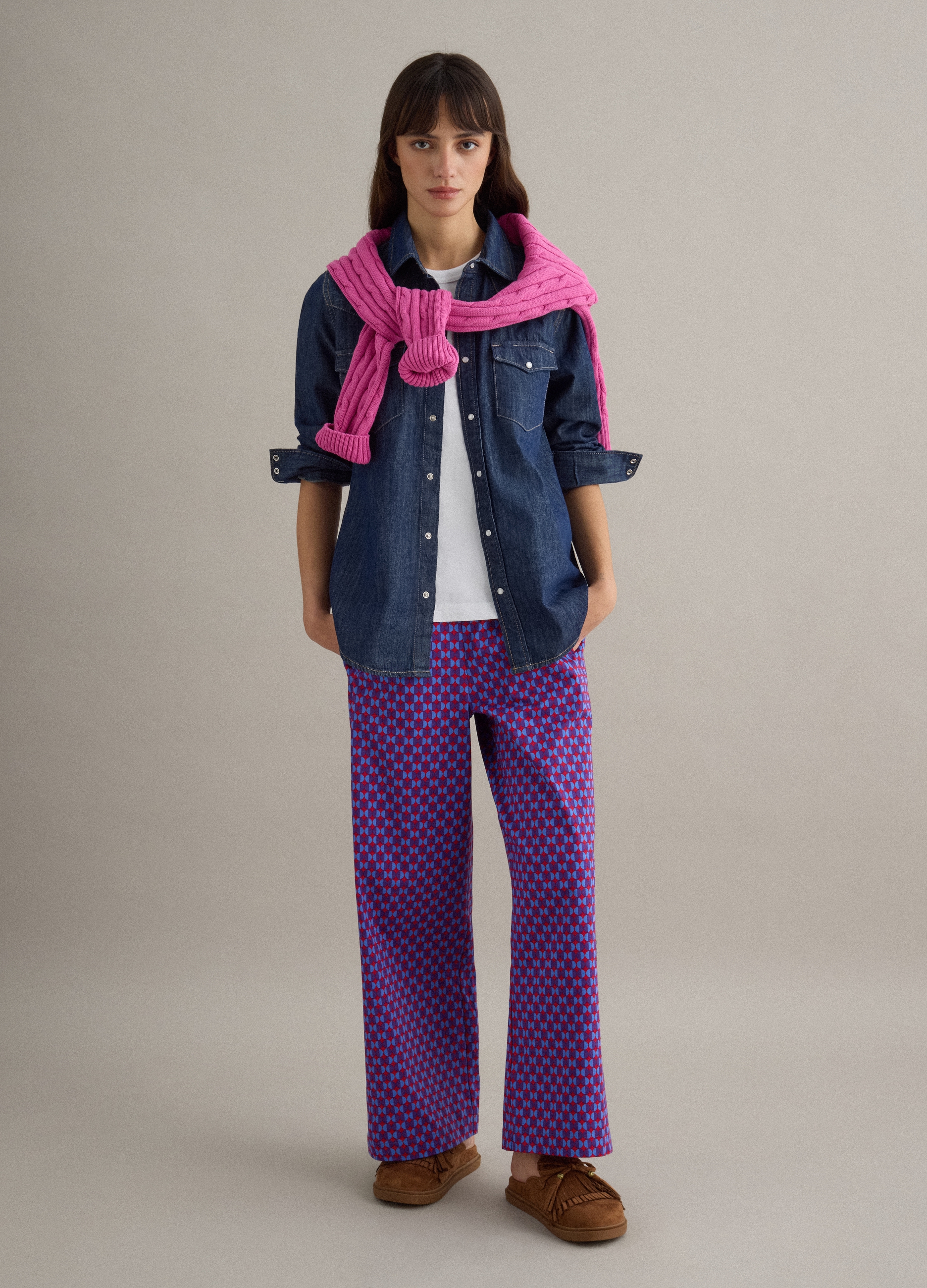 PIOMBO, Pantalones Multicolor Regular Fit De Algodón Elástico Con Estampado, Mujer, Azul Cielo/Morado, Talla: 42