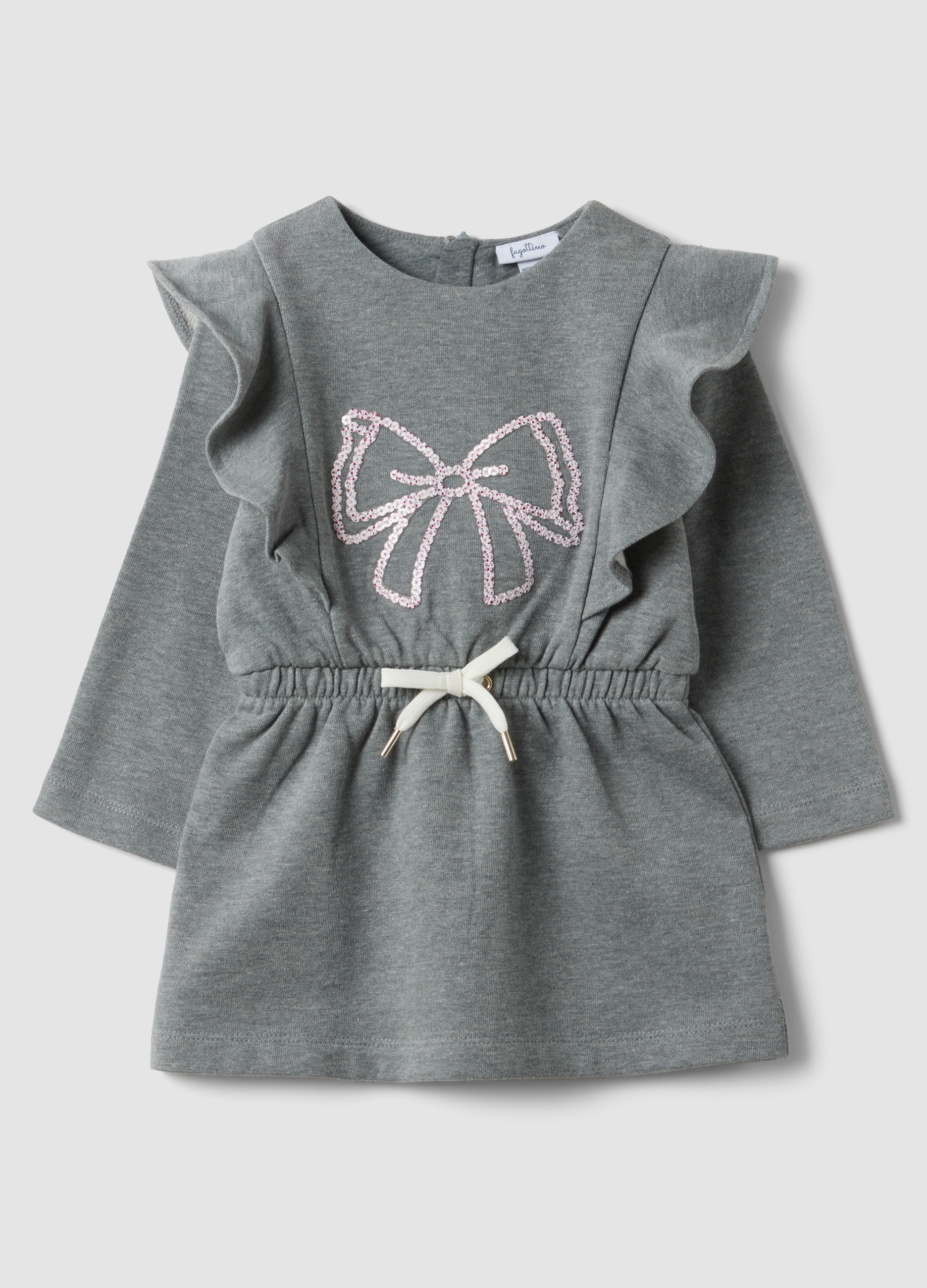FAGOTTINO, Abito Grigio In Misto Cotone Con Volant E Fiocco Per Bimba, Bambina, Grigio, Taglia: 12-18