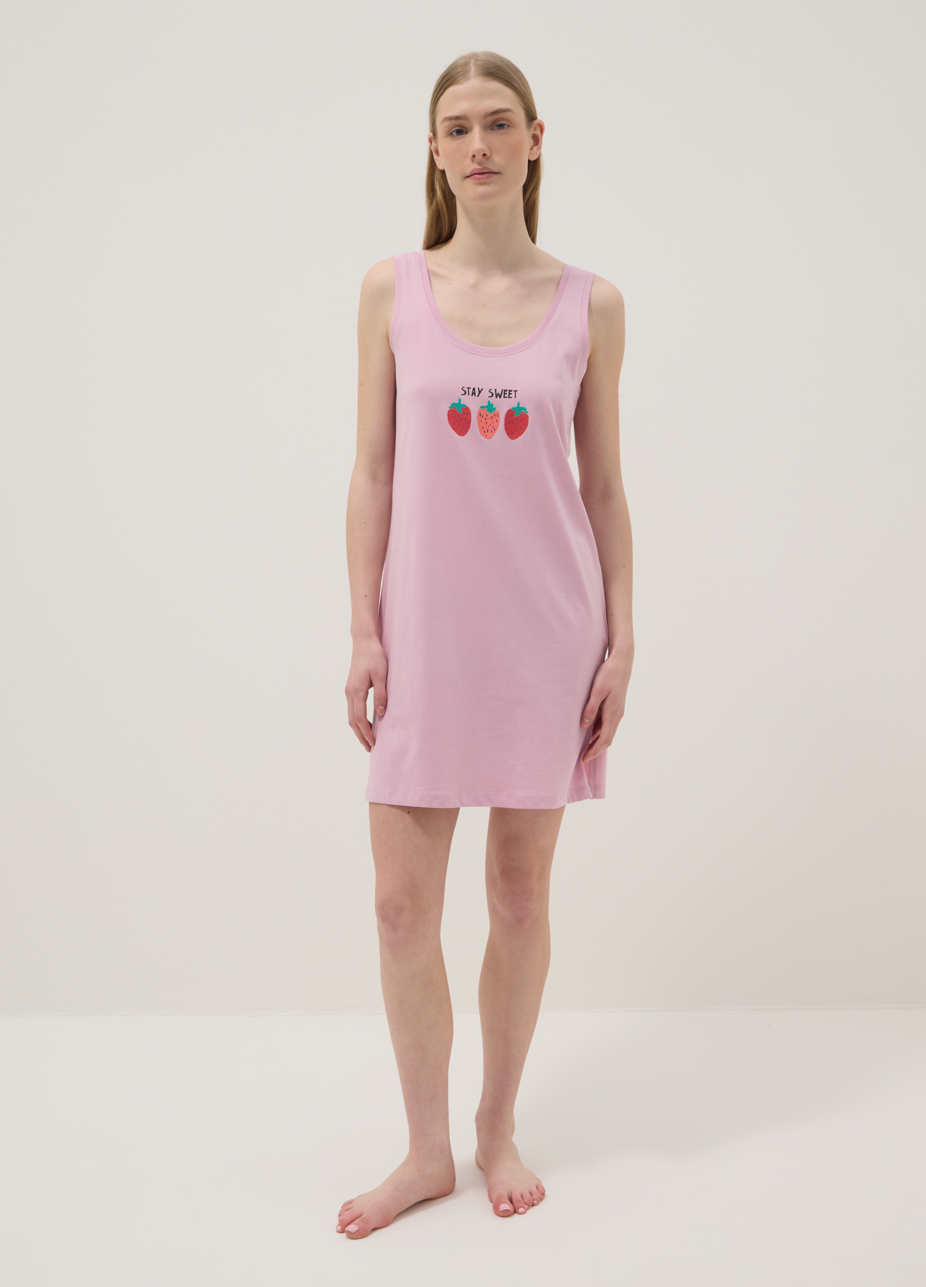 Camisón Rosa De Algodón Puro Ajuste Regular Con Fresas, Mujer, Rosa Claro, Talla: XXL