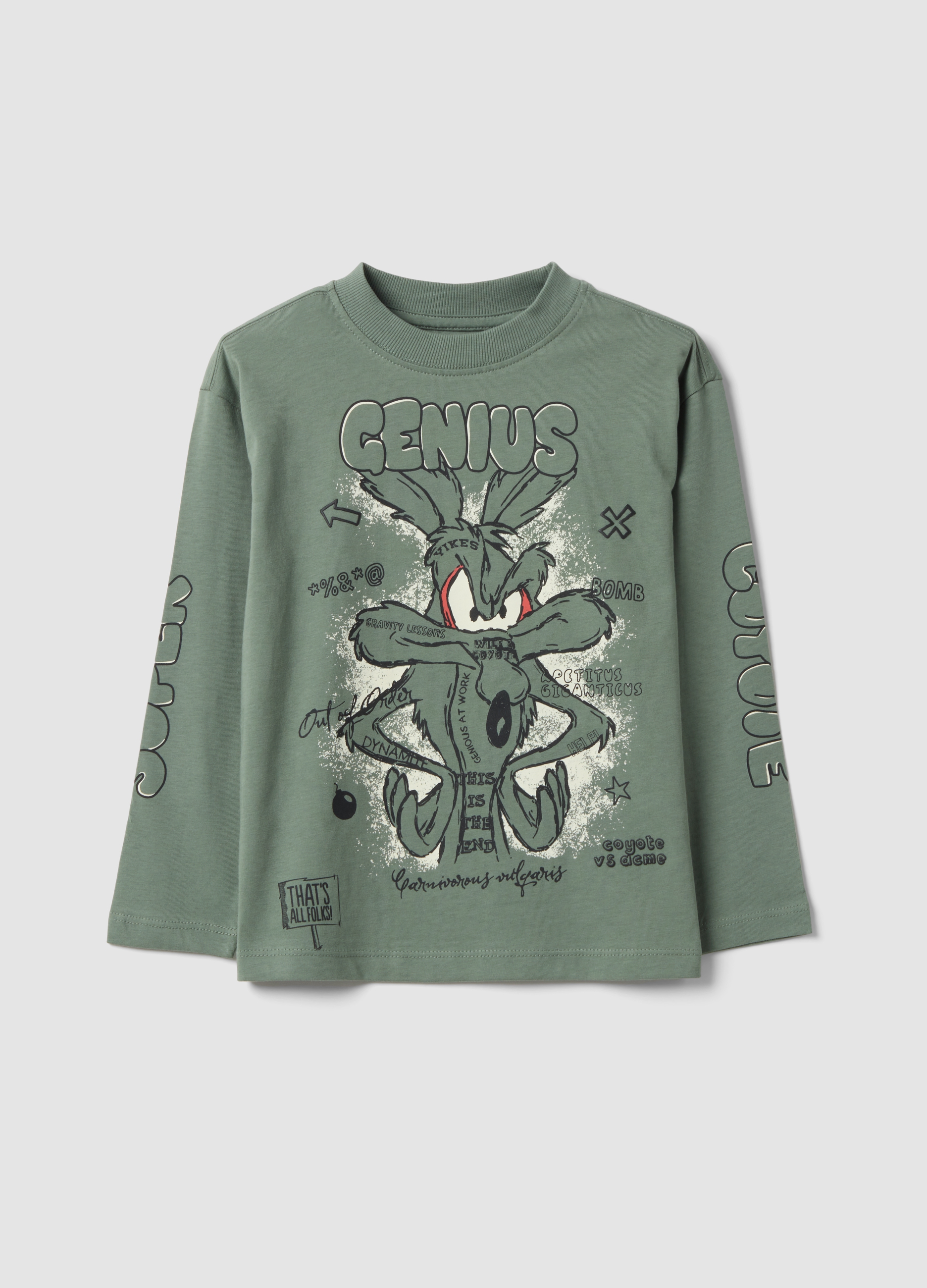 WARNER BROS, T-shirt Verde A Maniche Lunghe In Puro Cotone Con Stampa Looney Tunes Per Bambino, Verde, Taglia: 3-4