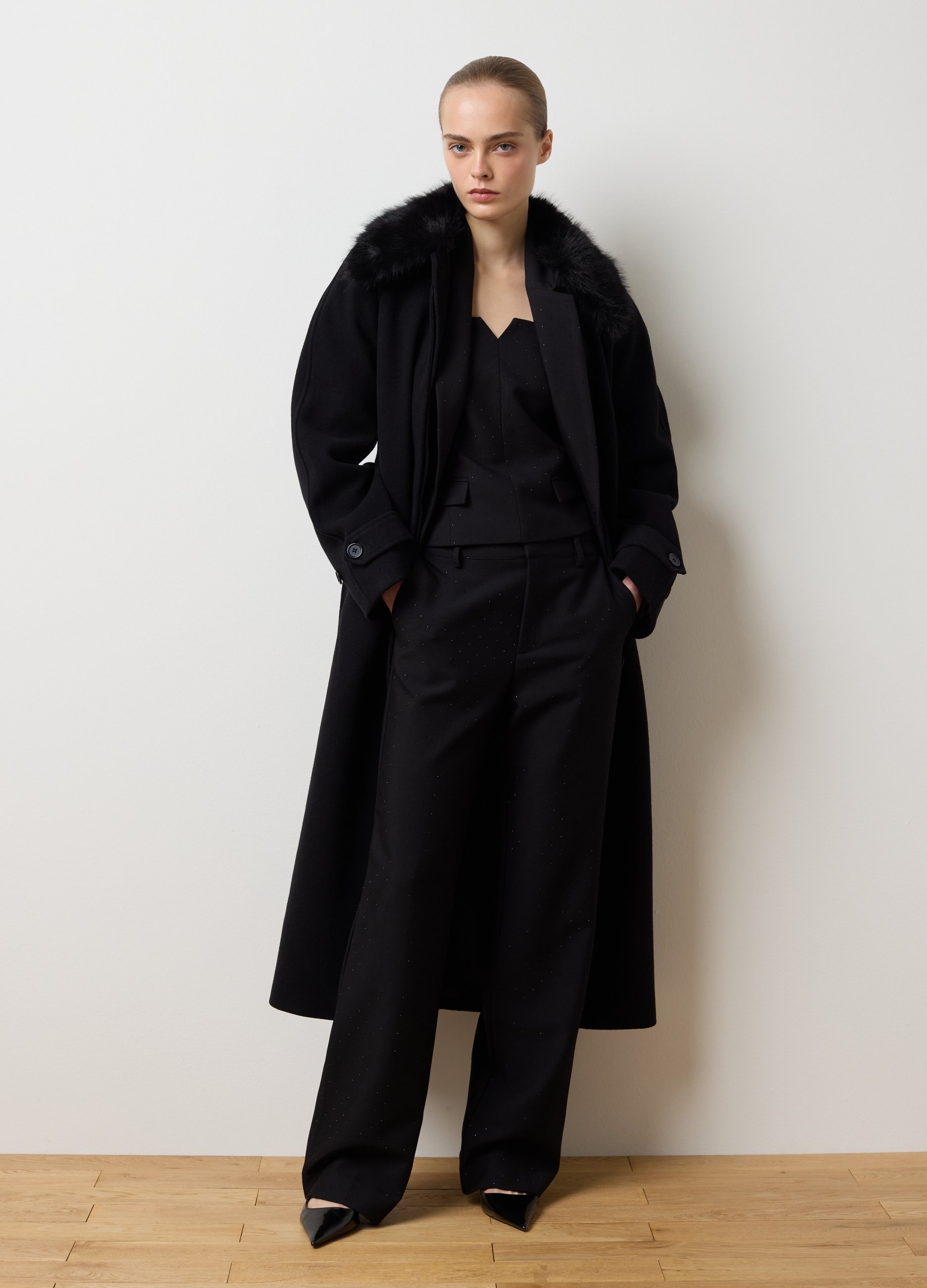 LES COPAINS, Cappotto Lungo Nero Con Collo Morbido E Cintura Regular Fit, Donna, Nero, Taglia: S