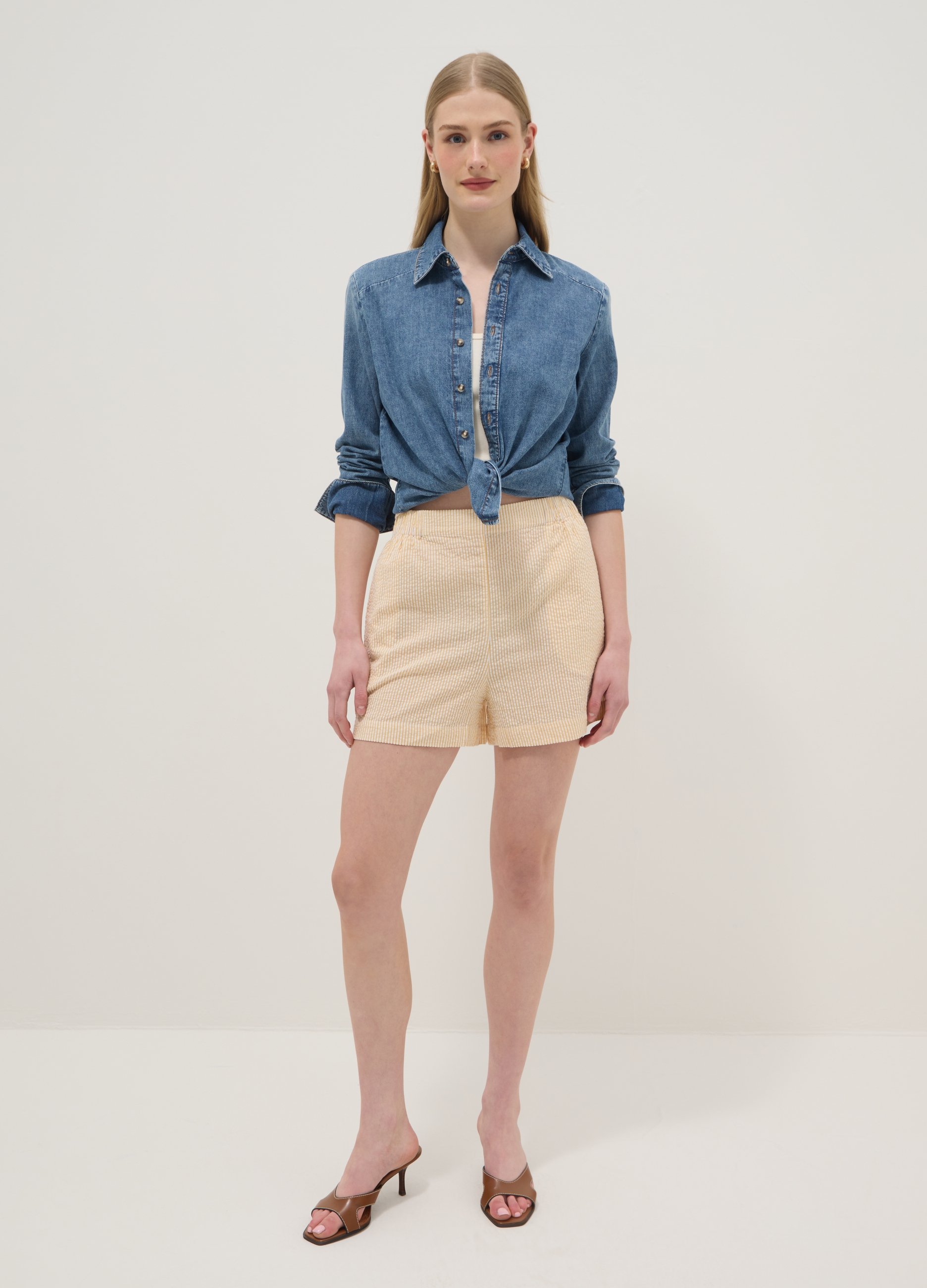 Short De Algodón Puro A Rayas Amarillas Y Blancas, Corte Regular, Mujer, Yellow/White, Talla: 40