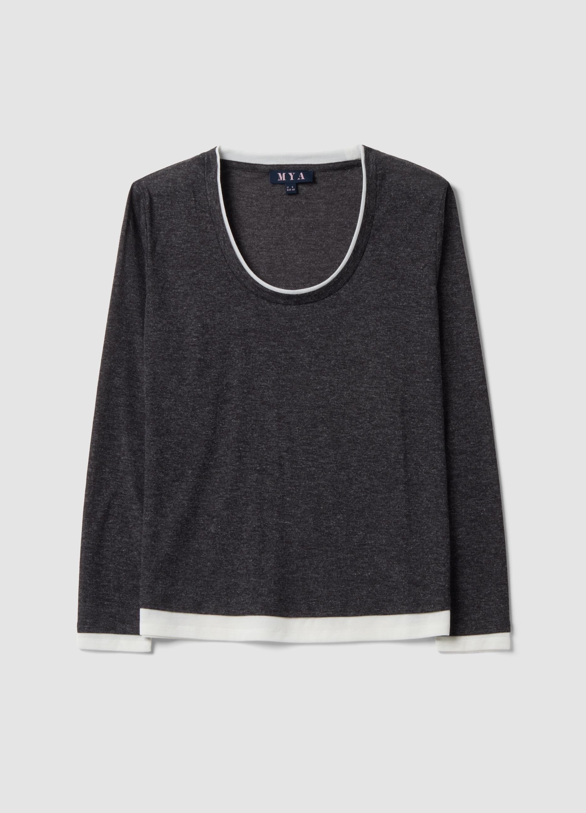 MYA, T-shirt Grigia In Misto Viscosa Con Girocollo A Contrasto Bianco Regular Fit, Donna, Grigio, Taglia: XXL