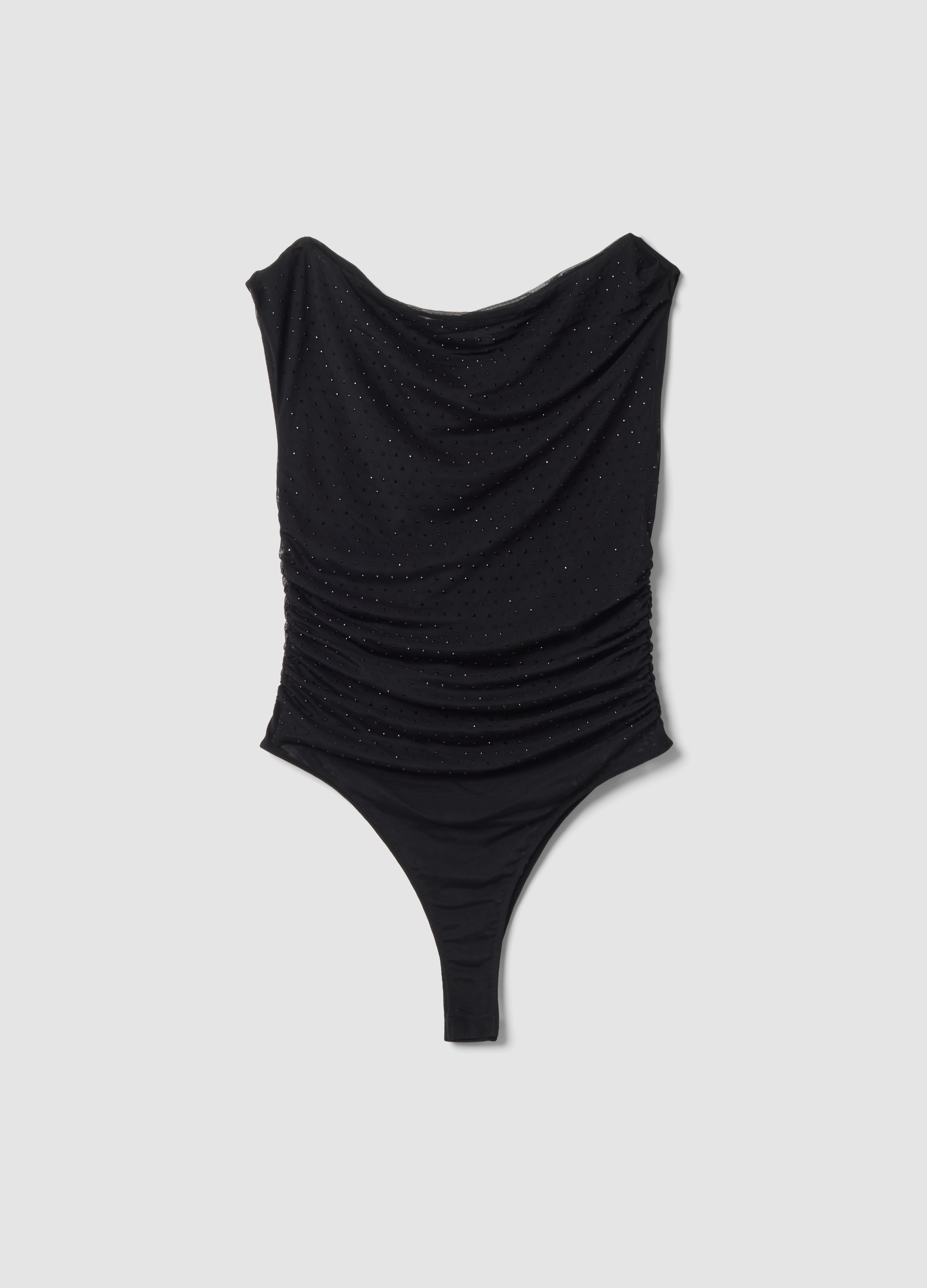 B.ANGEL, Body Nero In Tessuto Elasticizzato Con Strass Fitted, Donna, Nero, Taglia: S