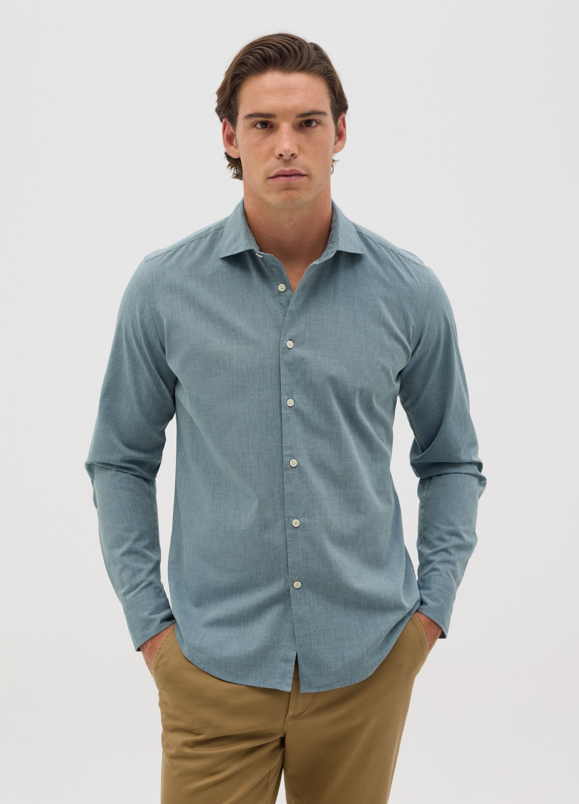 OVS, Camisa Slim Fit De Azul Chambray, Hombre, Azul chambray, Talla: S