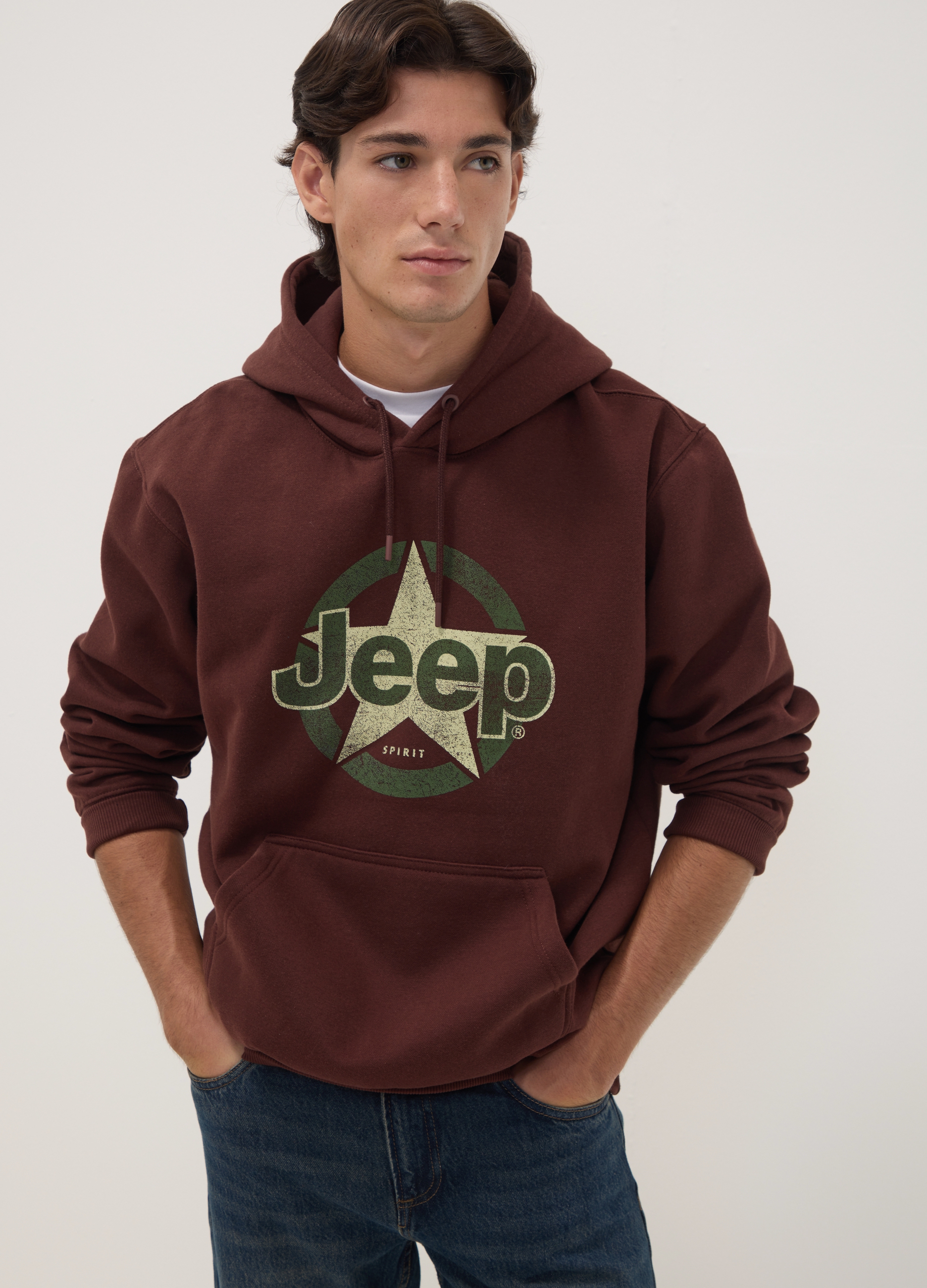 JEEP, Felpa Marrone In Misto Cotone Con Cappuccio E Stampa Jeep Relaxed Fit, Uomo, Marrone, Taglia: S