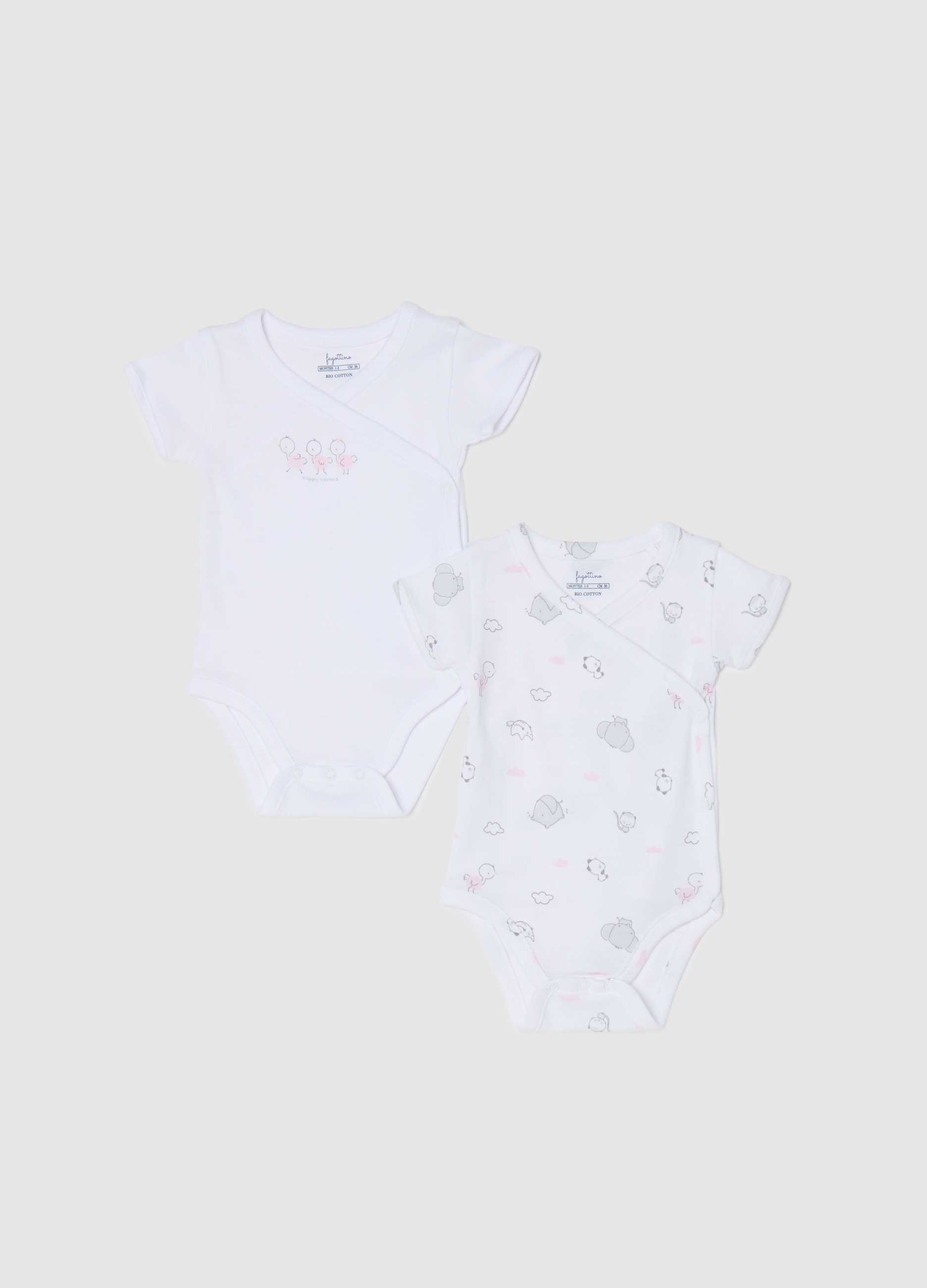FAGOTTINO, Bipack Body In Cotone Bio Scollo A V Con Stampa, Neonata, Bianco, Taglia: 0-1